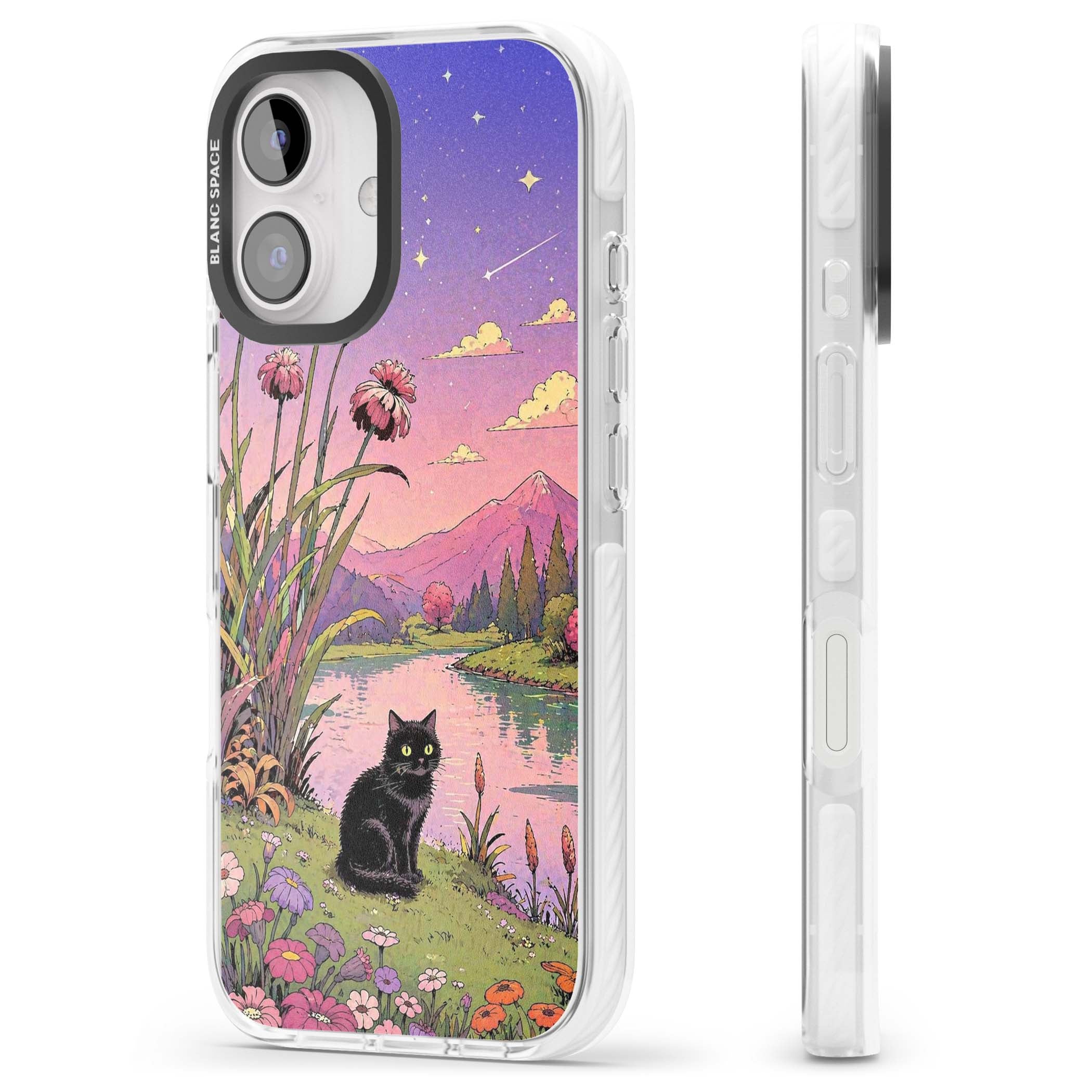 Mystic Whiskers ghibli iPhone case featuring a black cat by a pastel lake, wildflowers and a starry sunset sky | Clear Impact case for iPhone 16, iPhone 16 Plus