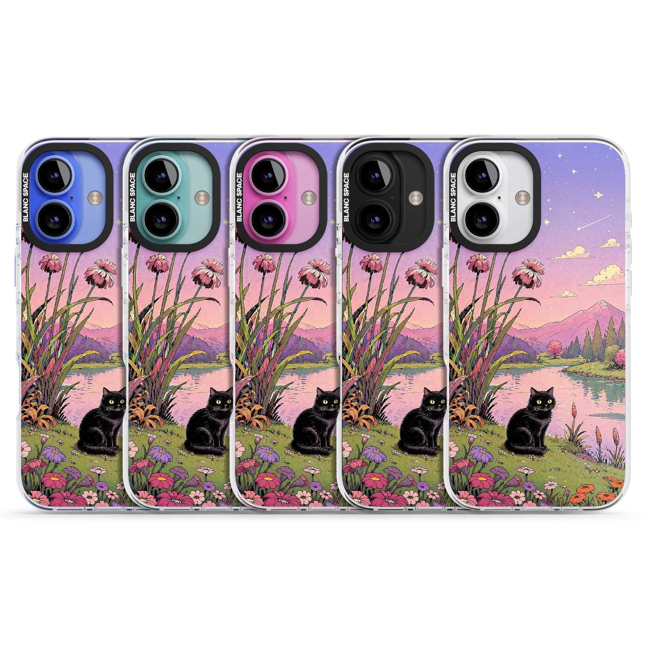 Mystic Whiskers ghibli iPhone case featuring a black cat by a pastel lake, wildflowers and a starry sunset sky | Clear Impact case for iPhone 16, iPhone 16 Plus