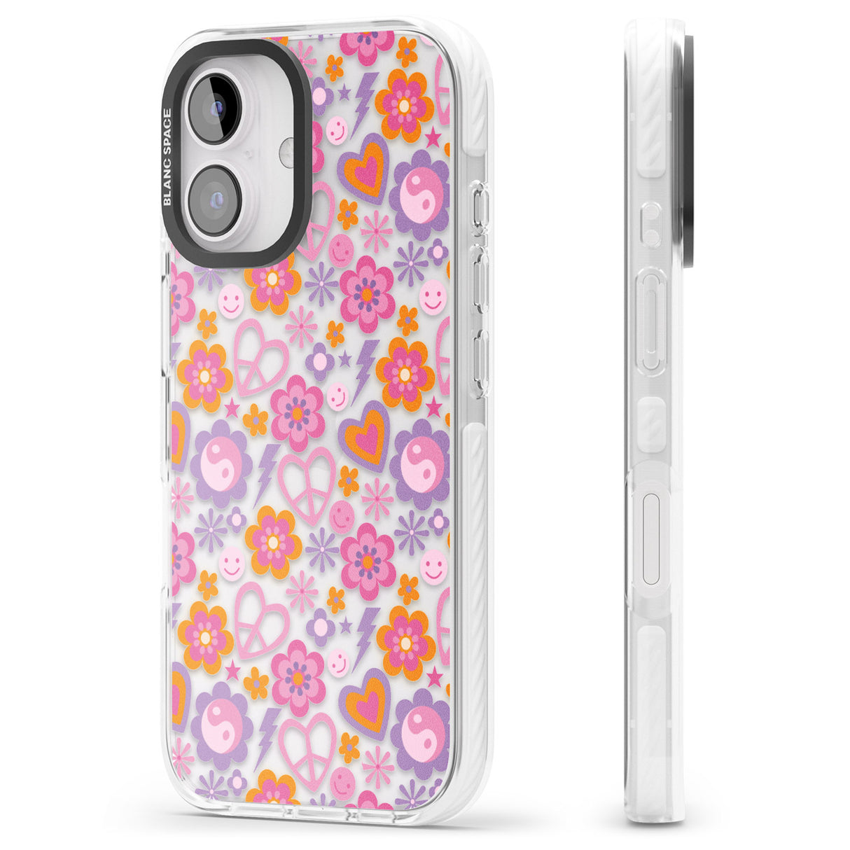 iPhone 16 Pro Max Peace, Love and Flowers Pattern Black Impact Phone Case