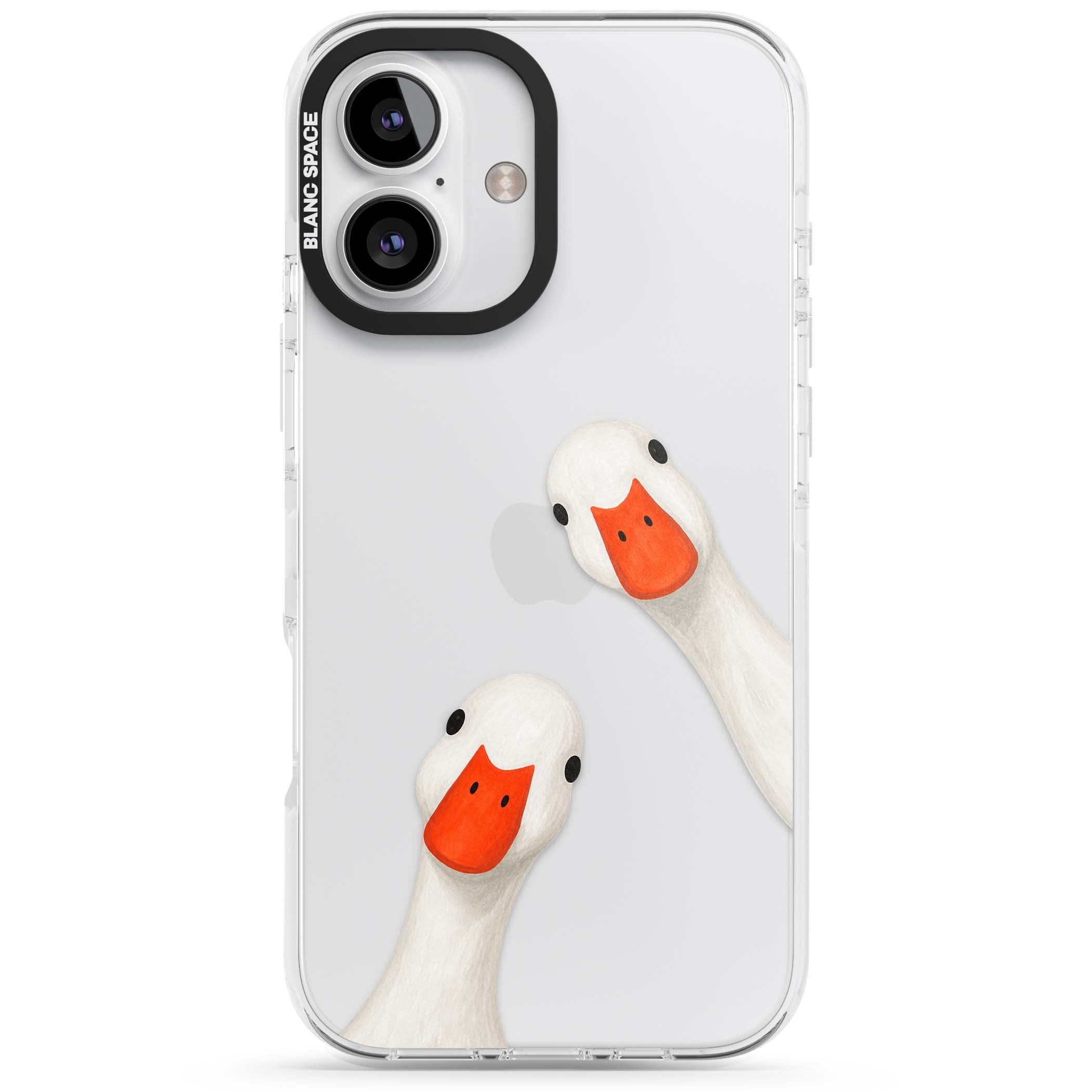 Nosy Ducks cottagecore iPhone case featuring two peeking white ducks with orange beaks on a clear background | Clear Impact case for iPhone 16, iPhone 16 Plus