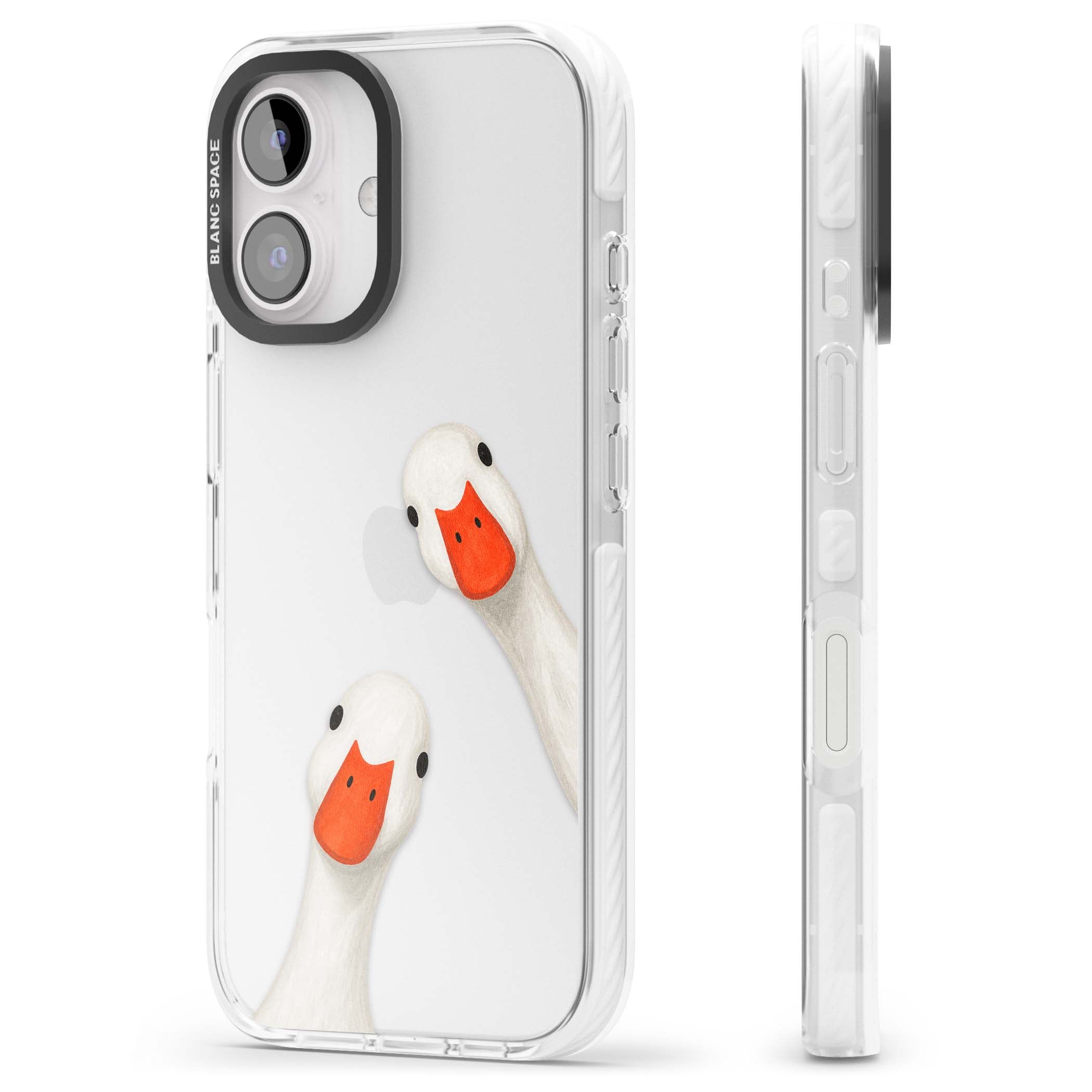 Nosy Ducks cottagecore iPhone case featuring two peeking white ducks with orange beaks on a clear background | Clear Impact case for iPhone 16, iPhone 16 Plus