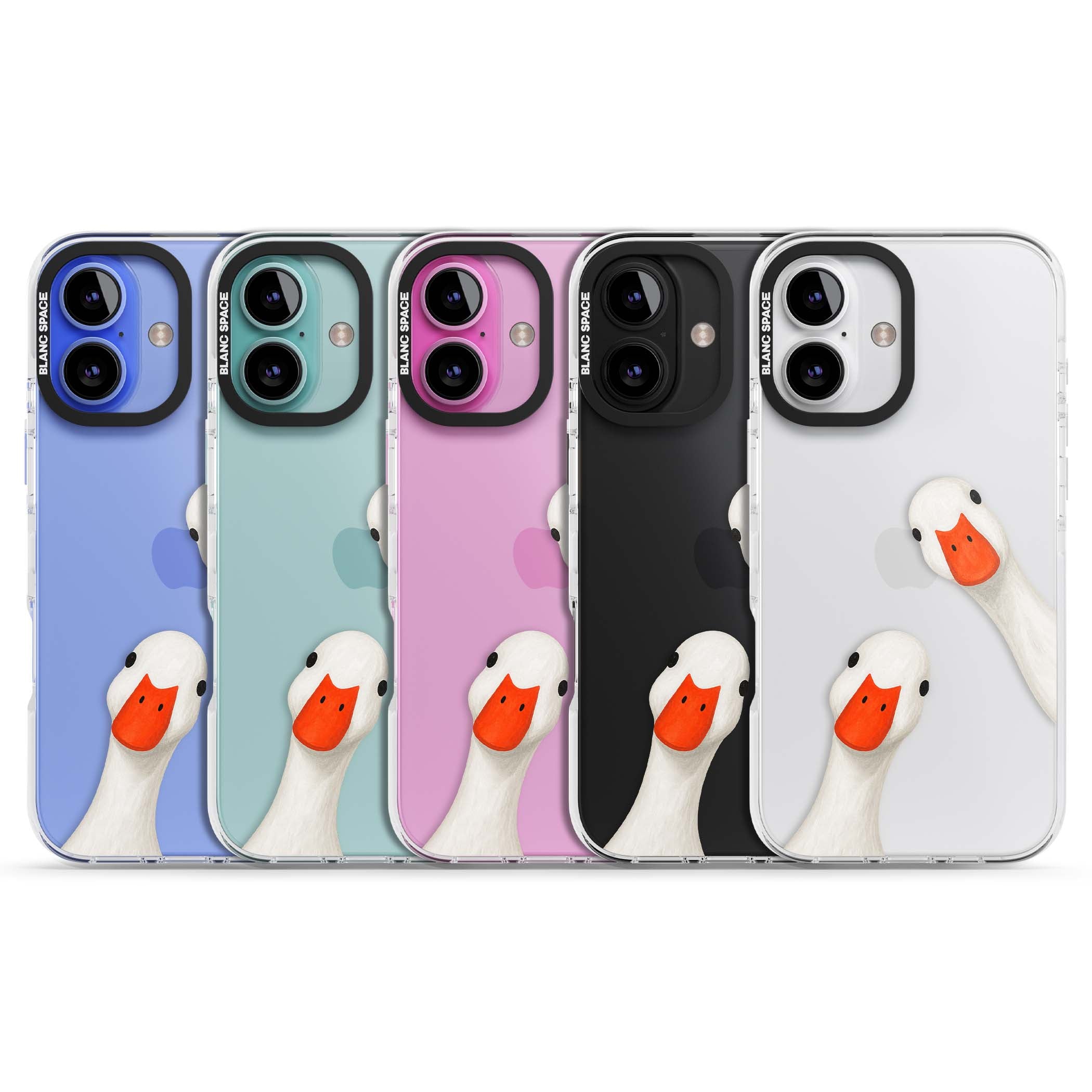 Nosy Ducks cottagecore iPhone case featuring two peeking white ducks with orange beaks on a clear background | Clear Impact case for iPhone 16, iPhone 16 Plus