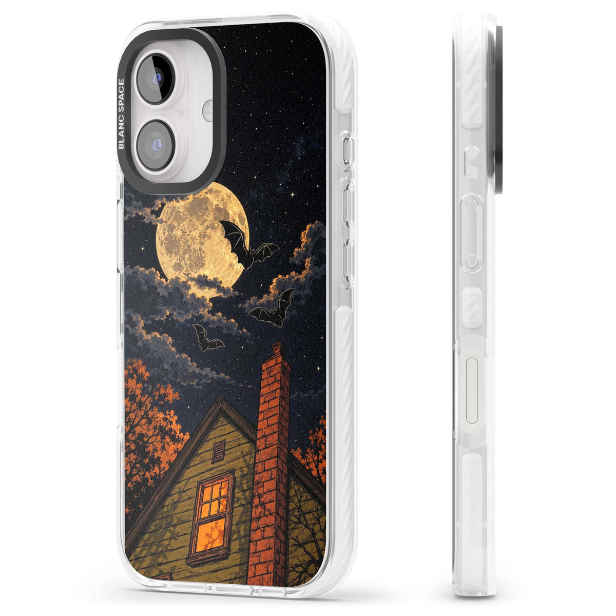 Hollows Eve Halloween iPhone case featuring a haunted house, full moon and flying bats against a starry autumn sky | Clear Impact case for iPhone 16, iPhone 16 Plus