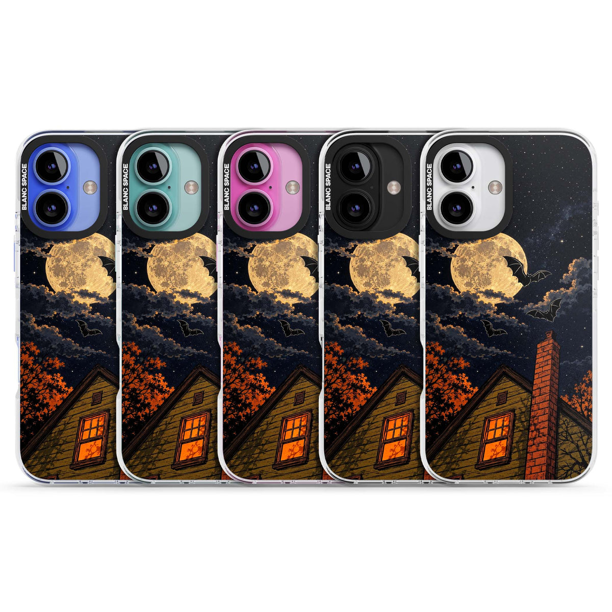 Hollows Eve Halloween iPhone case featuring a haunted house, full moon and flying bats against a starry autumn sky | Clear Impact case for iPhone 16, iPhone 16 Plus
