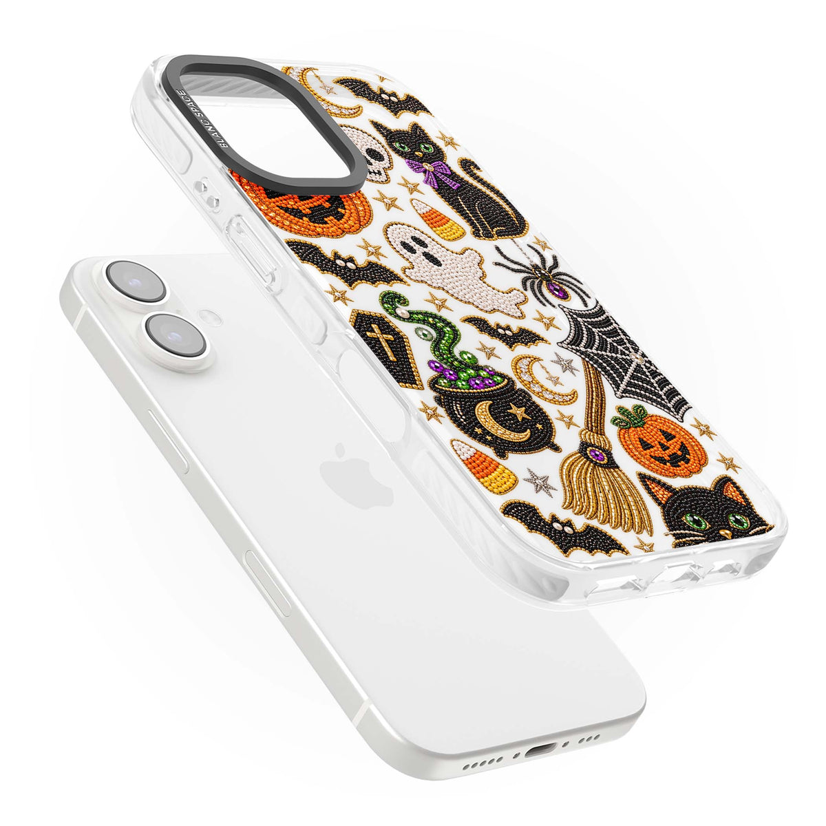 Beaded Halloween Halloween iPhone case featuring beaded pumpkins, ghosts, black cats and bats | Clear Impact case for iPhone 16, iPhone 16 Plus