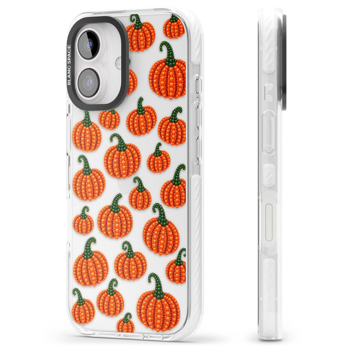 Beaded Pumpkins halloween iPhone case featuring beaded orange pumpkins with green stems on a clear background | Clear Impact case for iPhone 16, iPhone 16 Plus