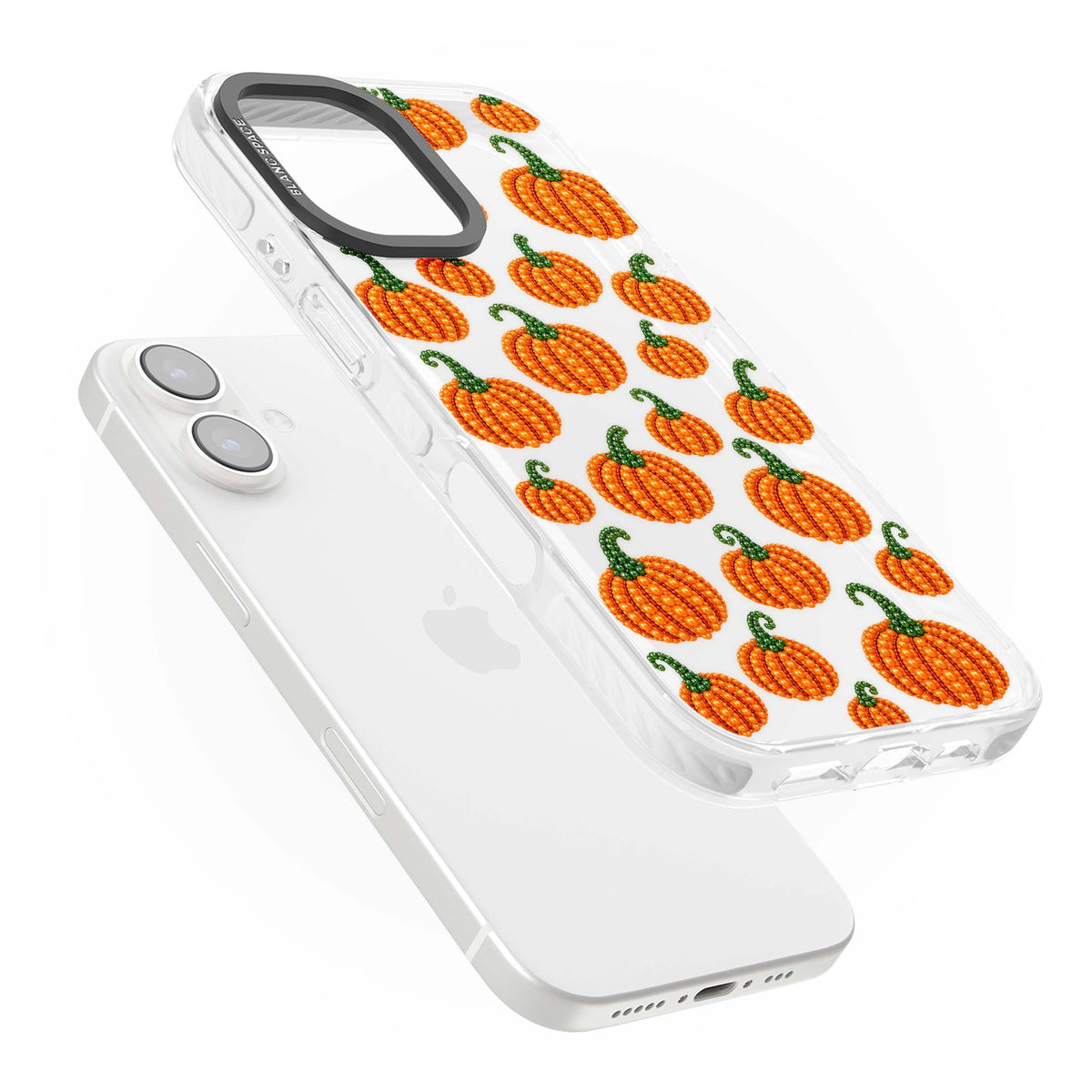 Beaded Pumpkins halloween iPhone case featuring beaded orange pumpkins with green stems on a clear background | Clear Impact case for iPhone 16, iPhone 16 Plus