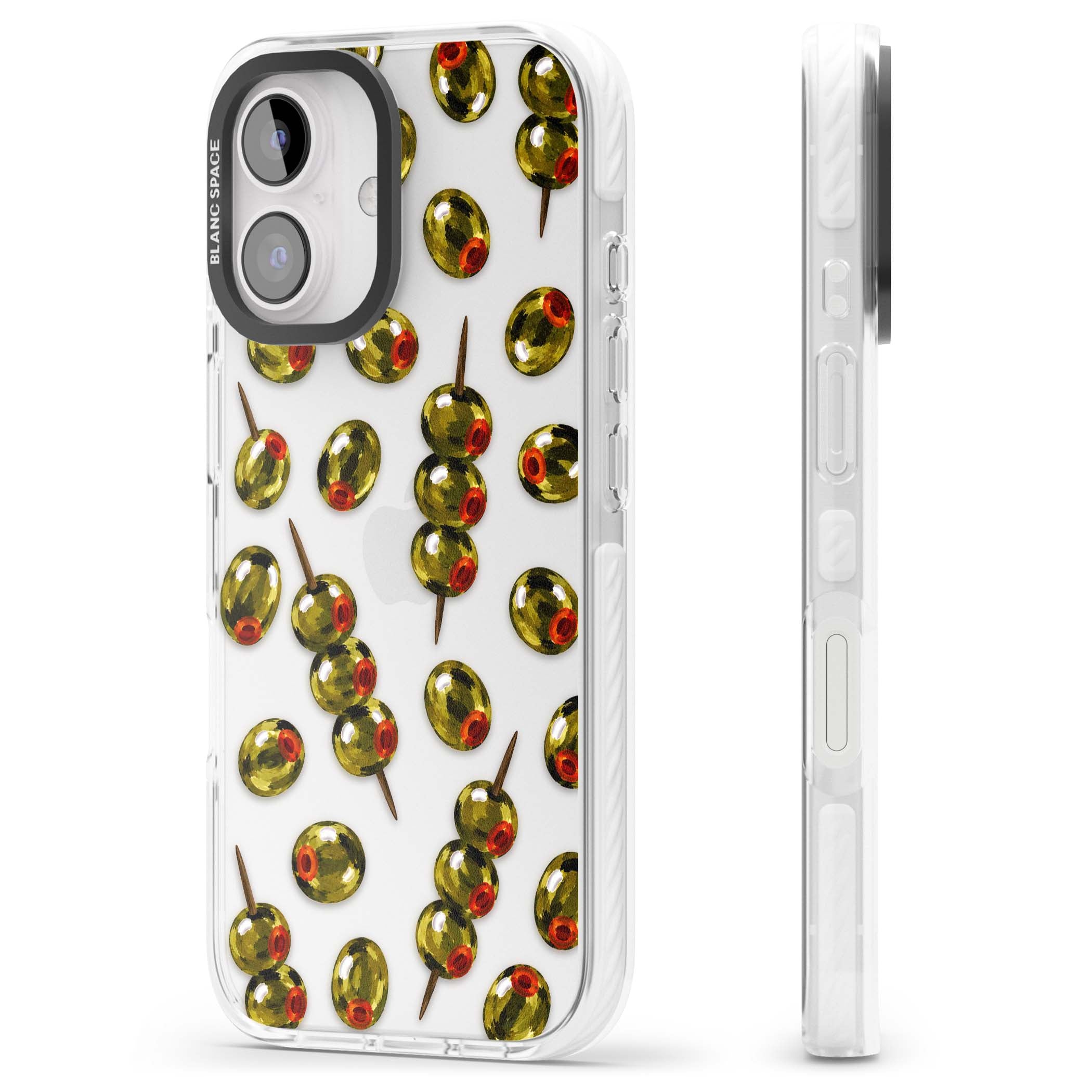 Painted Olives cocktail iPhone case featuring green olives, pimento centres and toothpick skewers on a clear background | Clear Impact case for iPhone 16, iPhone 16 Plus