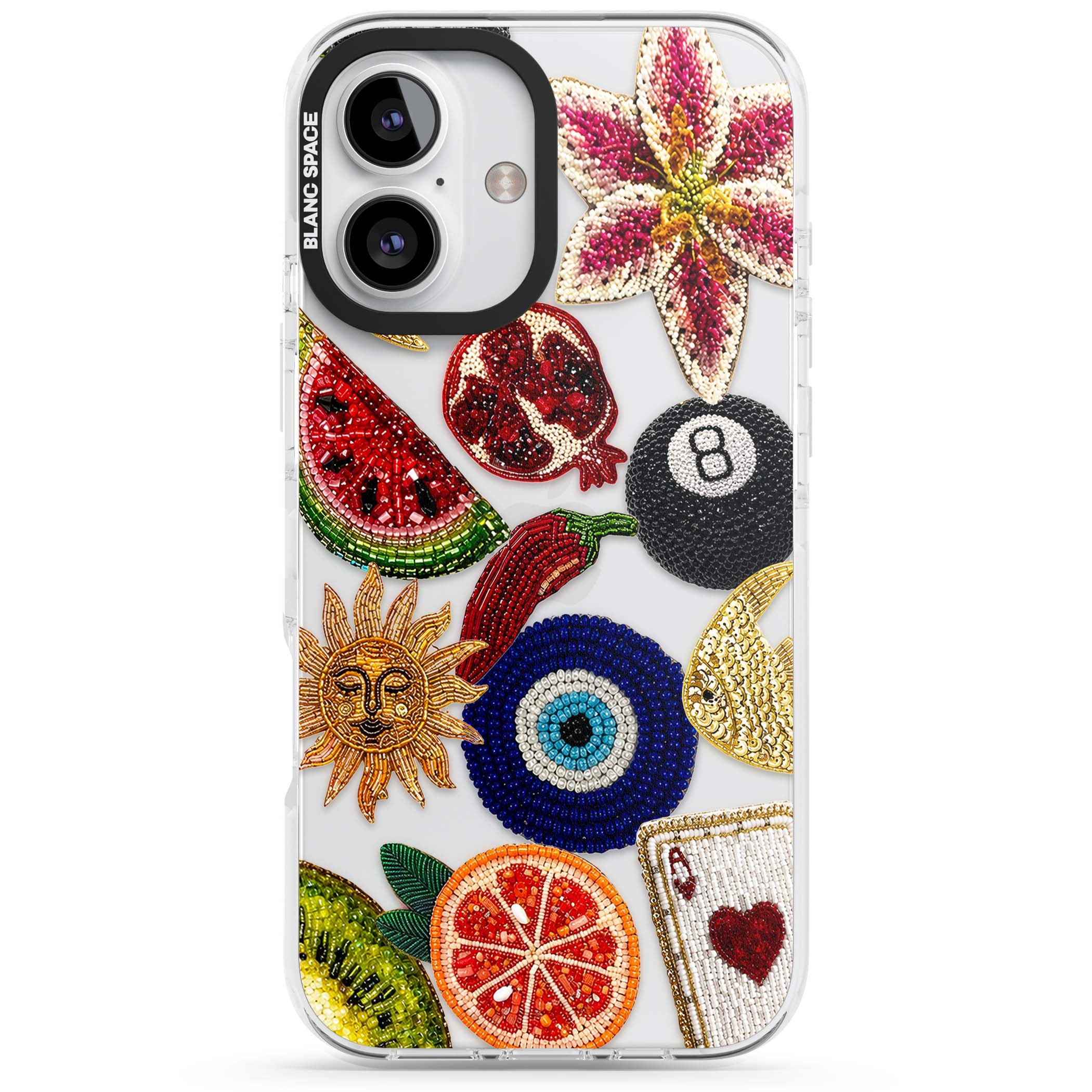 Beaded Charms embroidery iPhone case featuring beaded evil eye, fruit patches and a golden sun motif | Clear Impact case for iPhone 16, iPhone 16 Plus