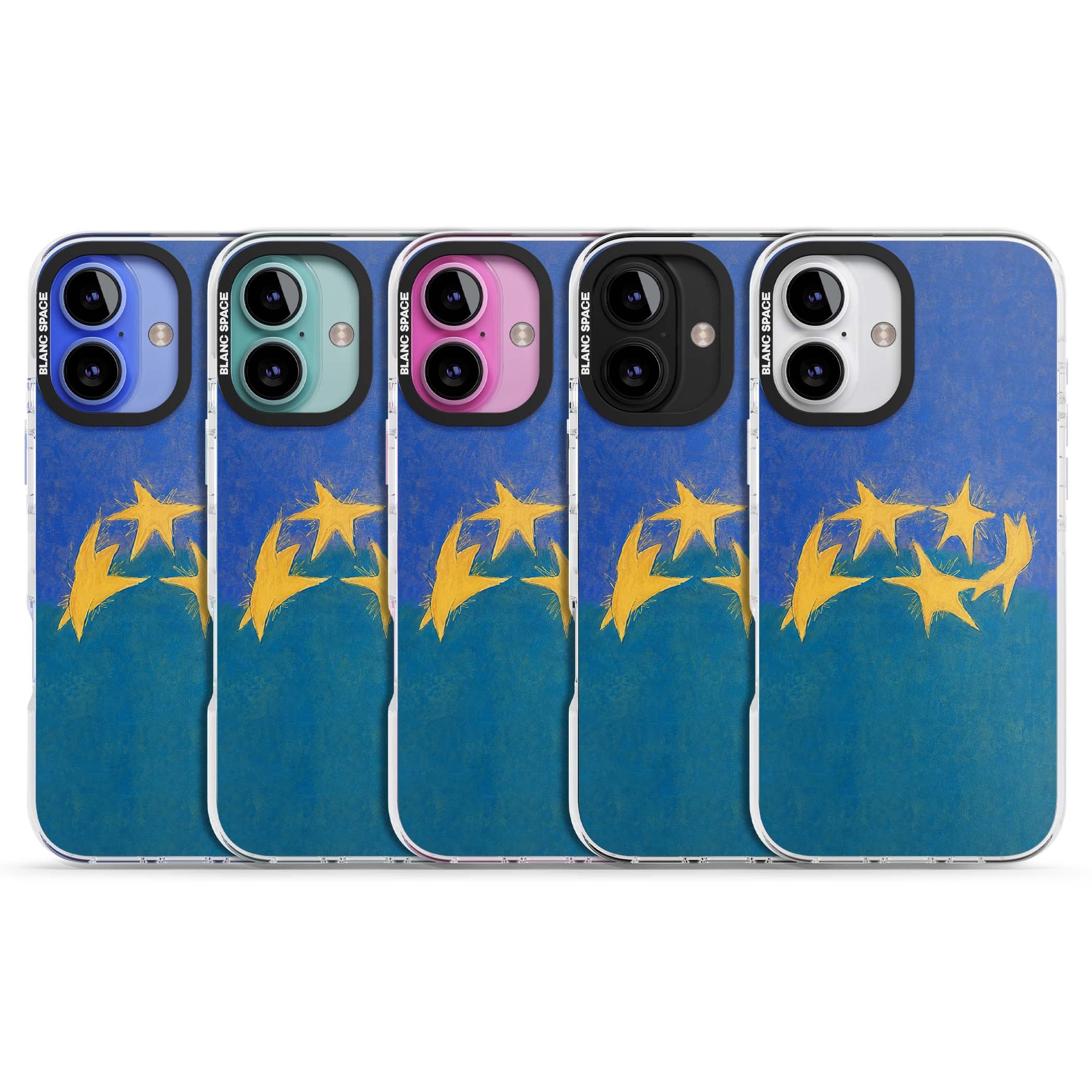 Star Boogie stars aesthetic iPhone case featuring five yellow hand-painted stars on cobalt blue and teal | Clear Impact case for iPhone 16, iPhone 16 Plus