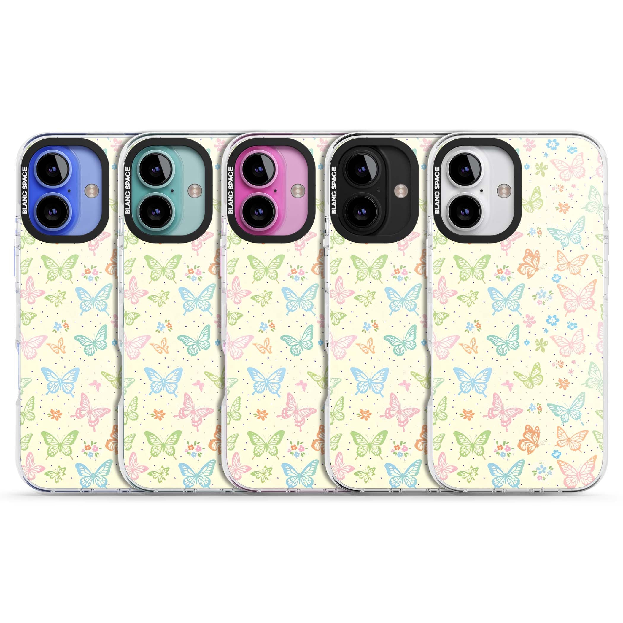 Sugar Wings cottagecore iPhone case featuring rainbow pastel butterflies, tiny wildflowers, and a cream background | Clear Impact case for iPhone 16, iPhone 16 Plus