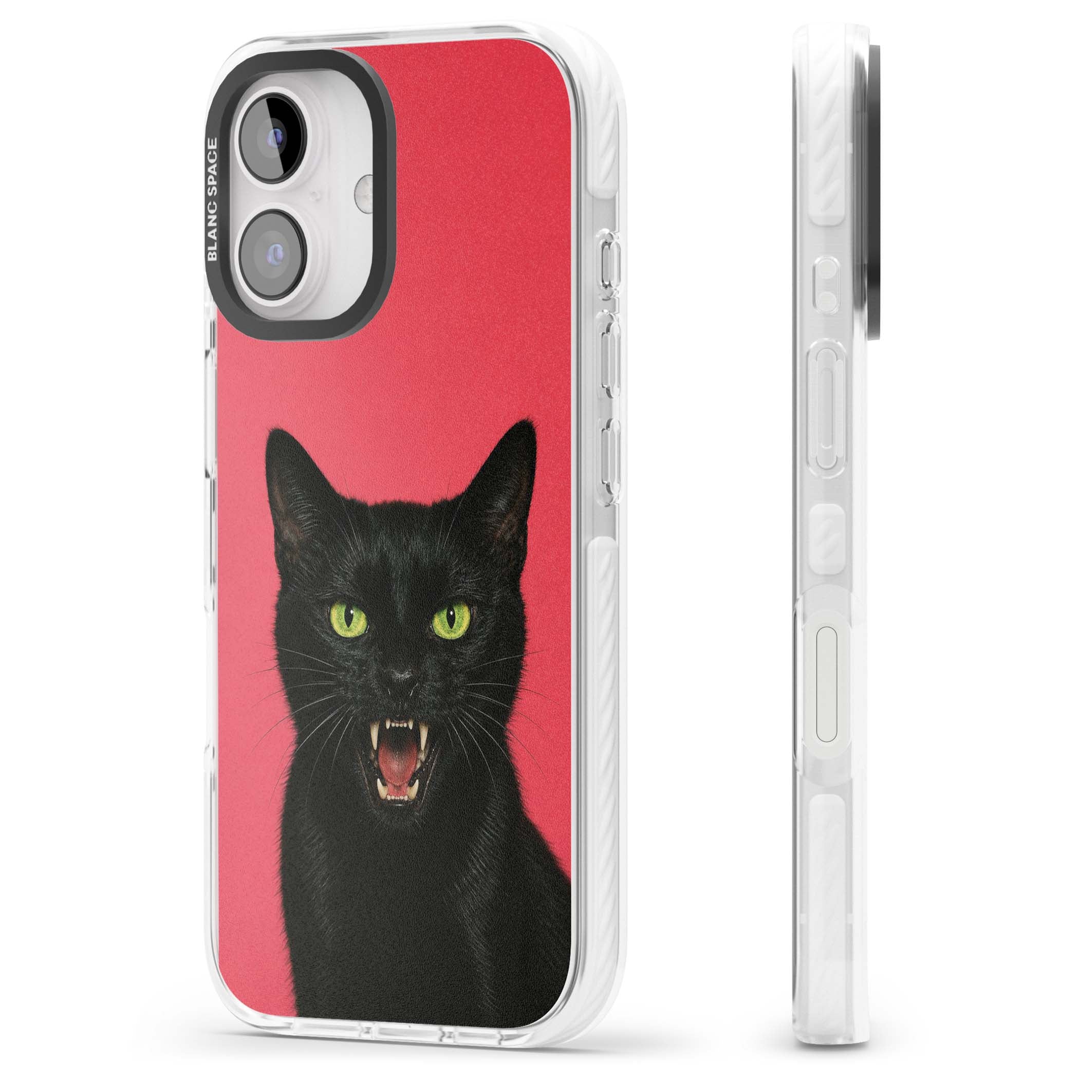Hissin' Baddie black cat iPhone case featuring a hissing feline with green eyes on a hot pink background | Clear Impact case for iPhone 16, iPhone 16 Plus