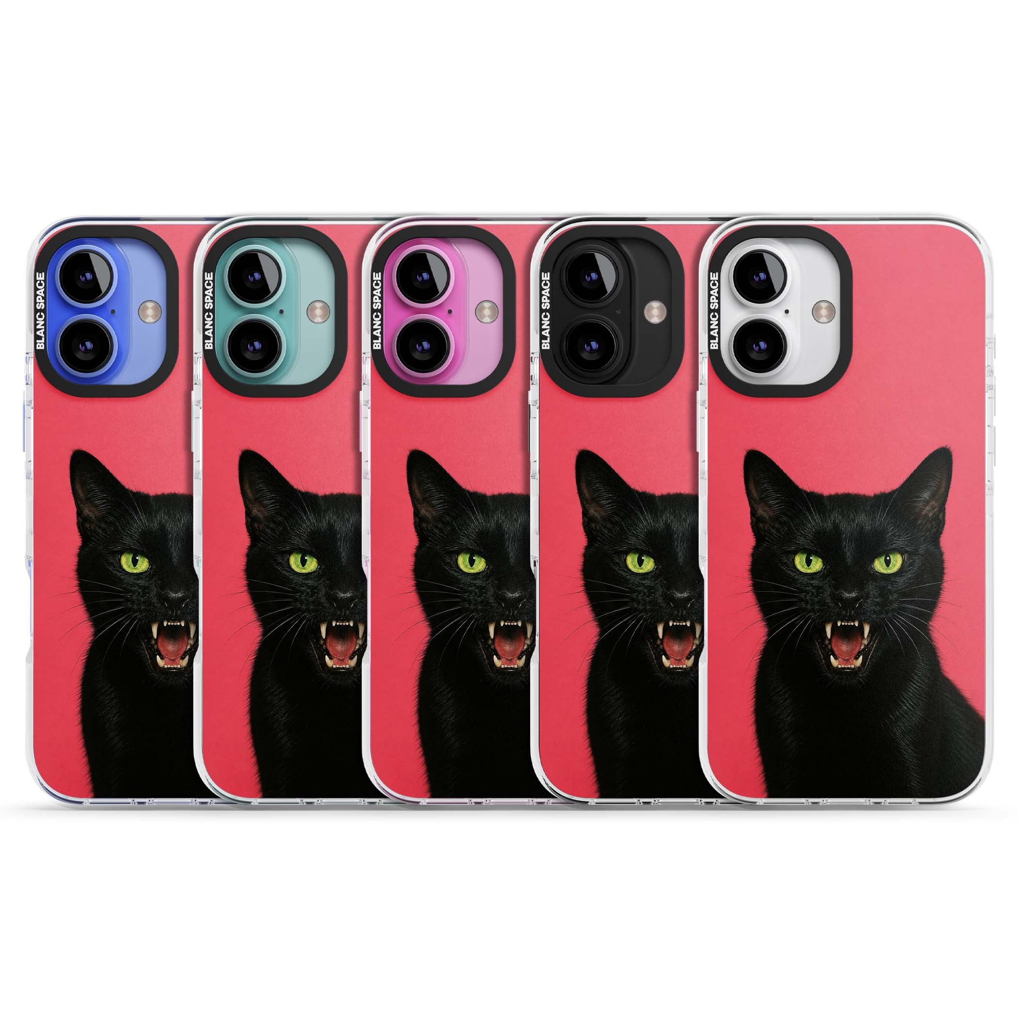 Hissin' Baddie black cat iPhone case featuring a hissing feline with green eyes on a hot pink background | Clear Impact case for iPhone 16, iPhone 16 Plus