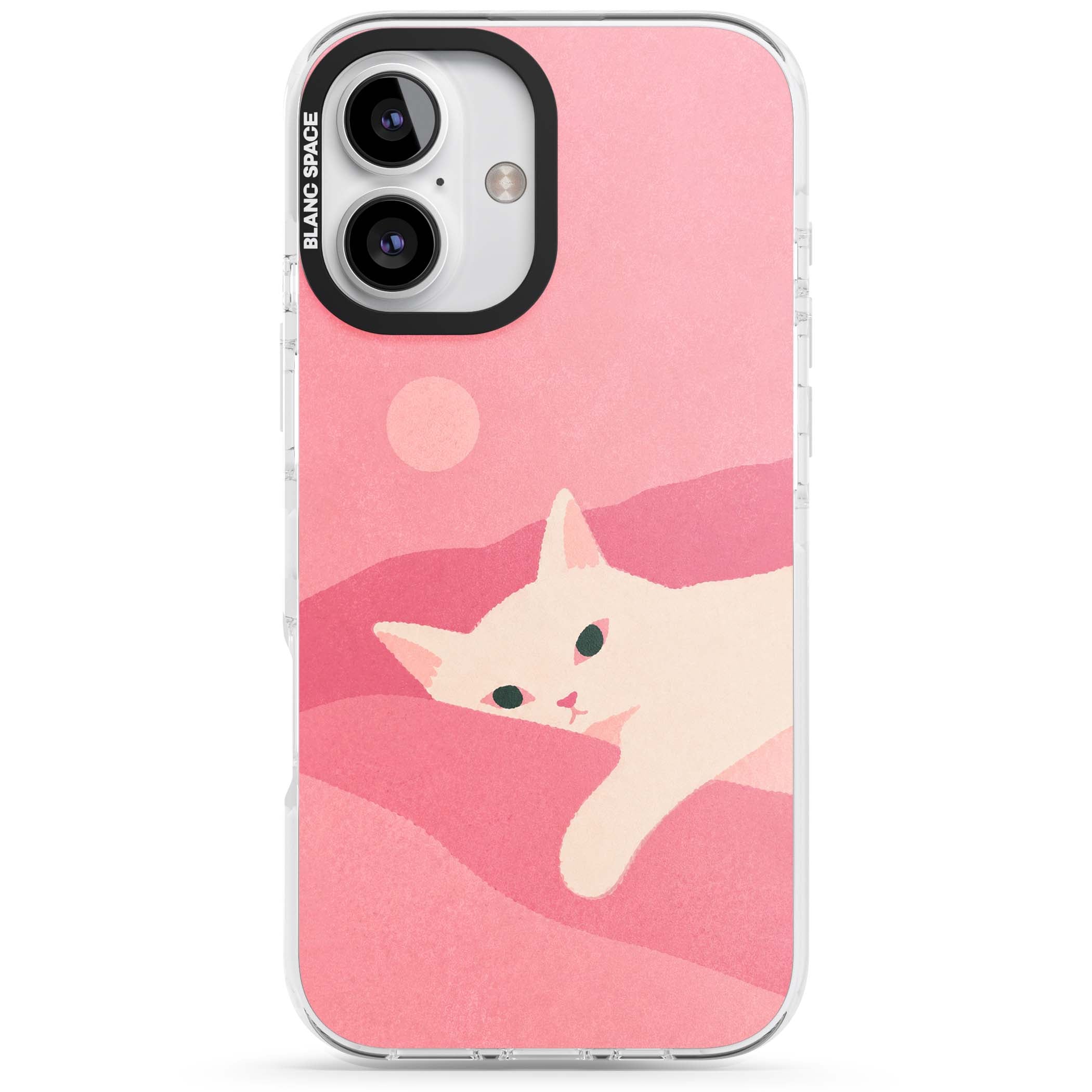 Pink Dreams cute cat iPhone case featuring a white kitten, soft pink hills and a pale pastel sun | Clear Impact case for iPhone 16, iPhone 16 Plus