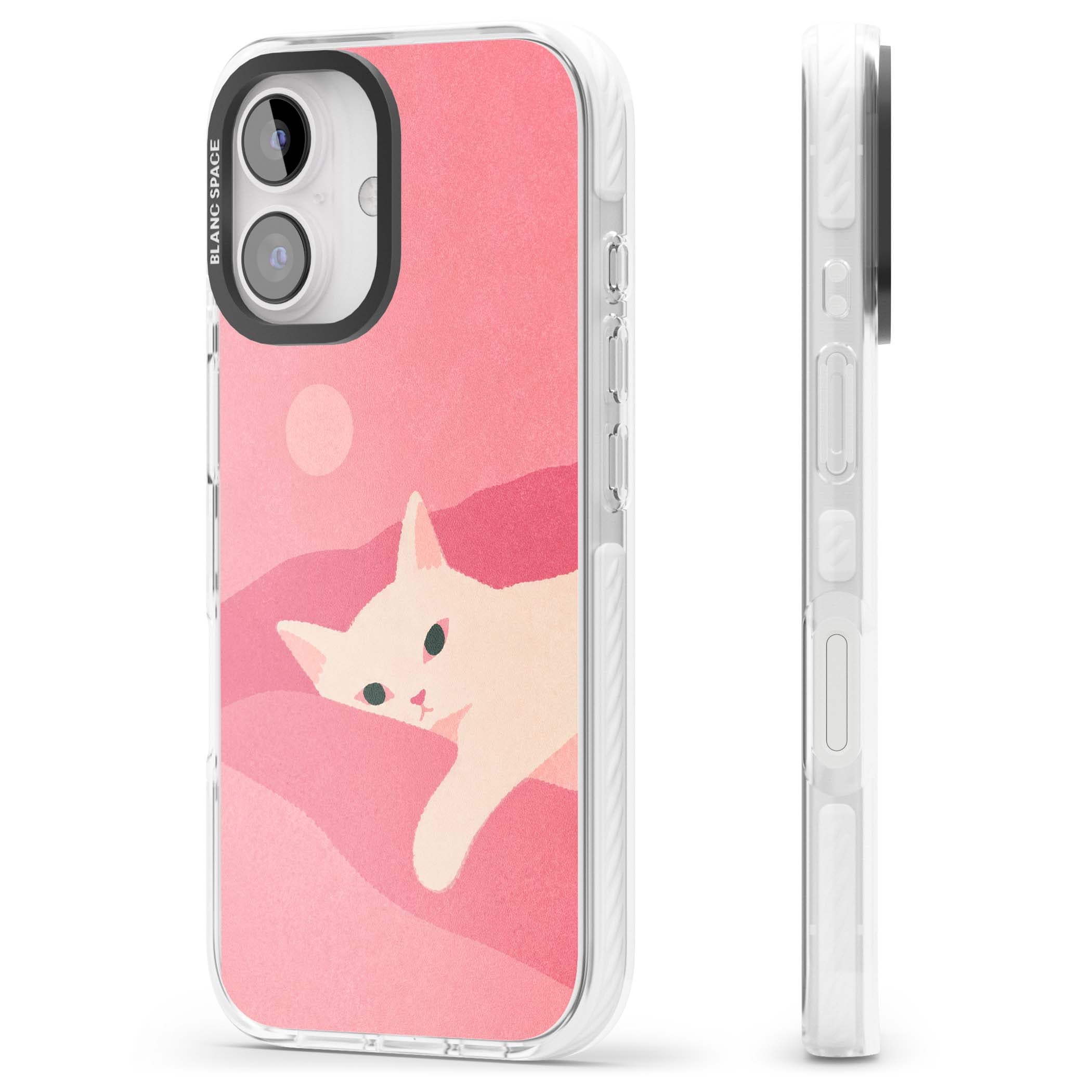 Pink Dreams cute cat iPhone case featuring a white kitten, soft pink hills and a pale pastel sun | Clear Impact case for iPhone 16, iPhone 16 Plus