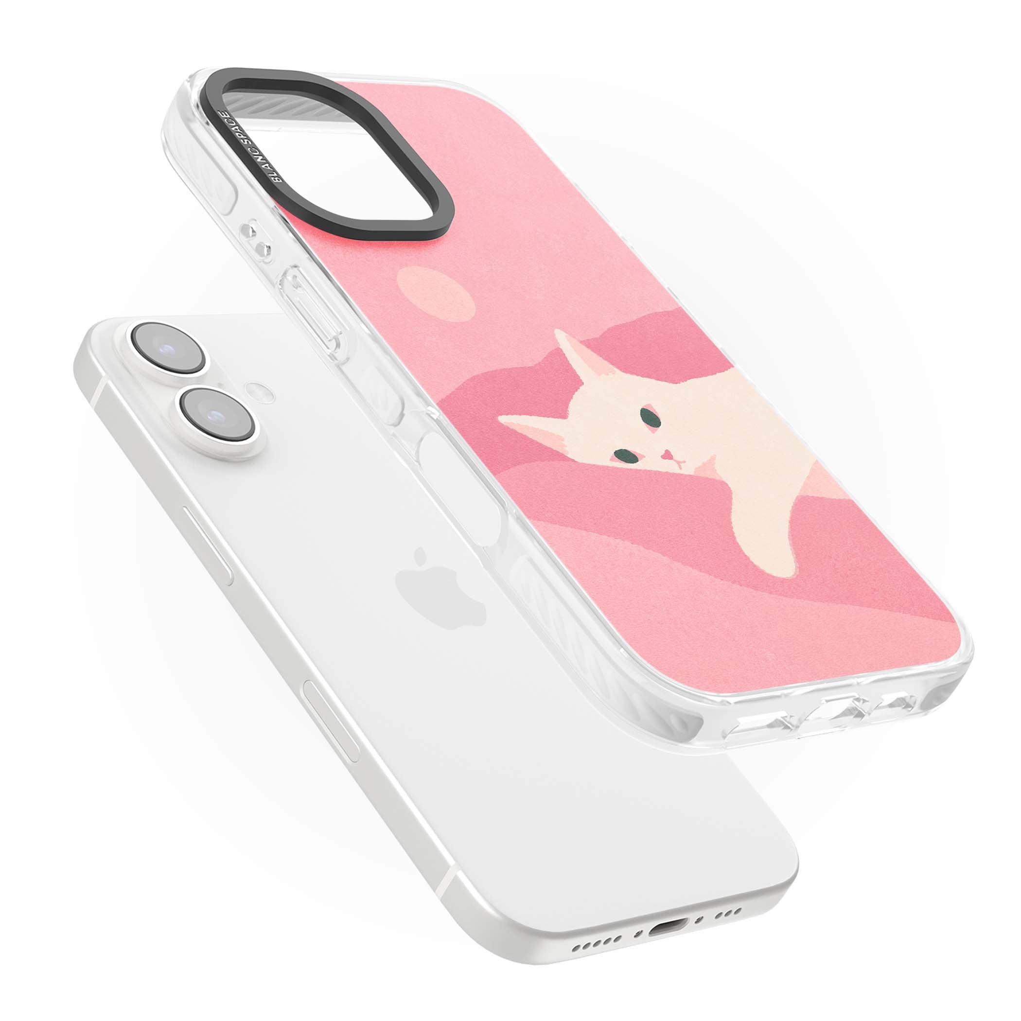 Pink Dreams cute cat iPhone case featuring a white kitten, soft pink hills and a pale pastel sun | Clear Impact case for iPhone 16, iPhone 16 Plus