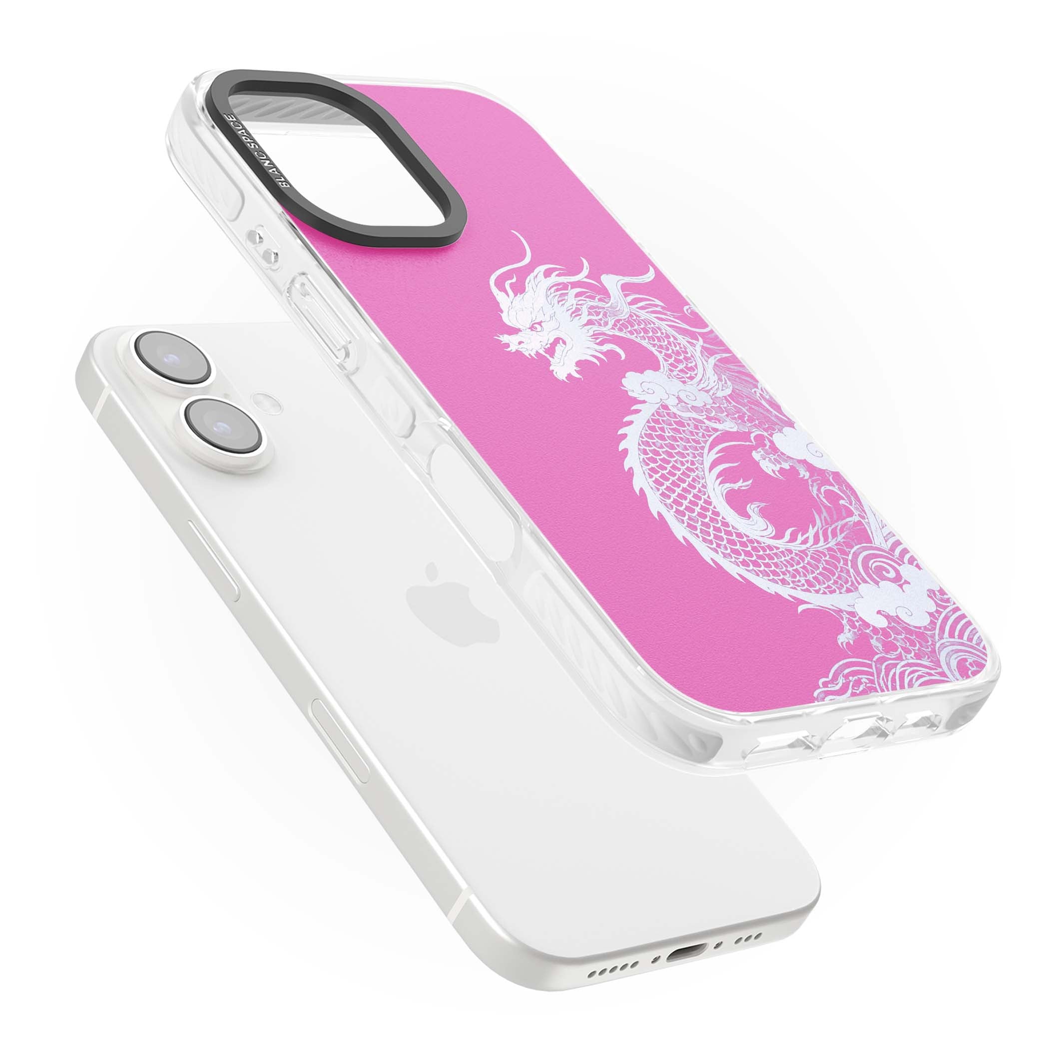 Pink Empress chinese dragon iPhone case featuring a white dragon, swirling clouds and pink dragon wallpaper backdrop | Clear Impact case for iPhone 16, iPhone 16 Plus