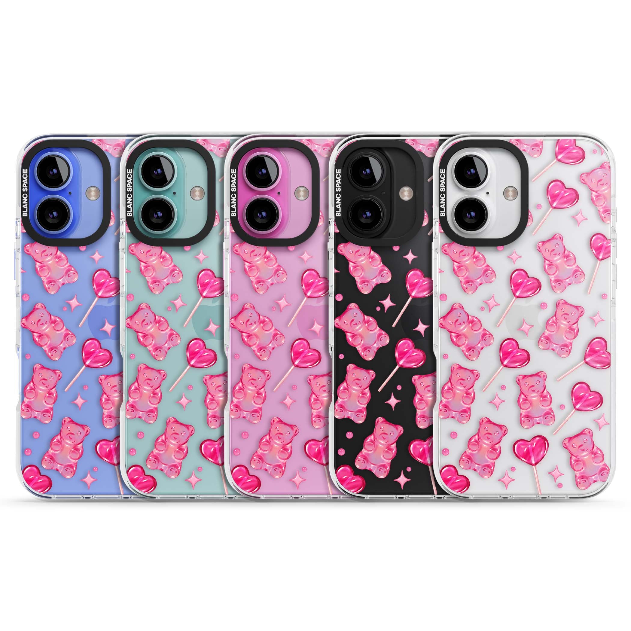 Pink Sugar pinkcore iPhone case featuring pink gummy bears, heart-shaped lollipops and sparkle stars | Clear Impact case for iPhone 16, iPhone 16 Plus