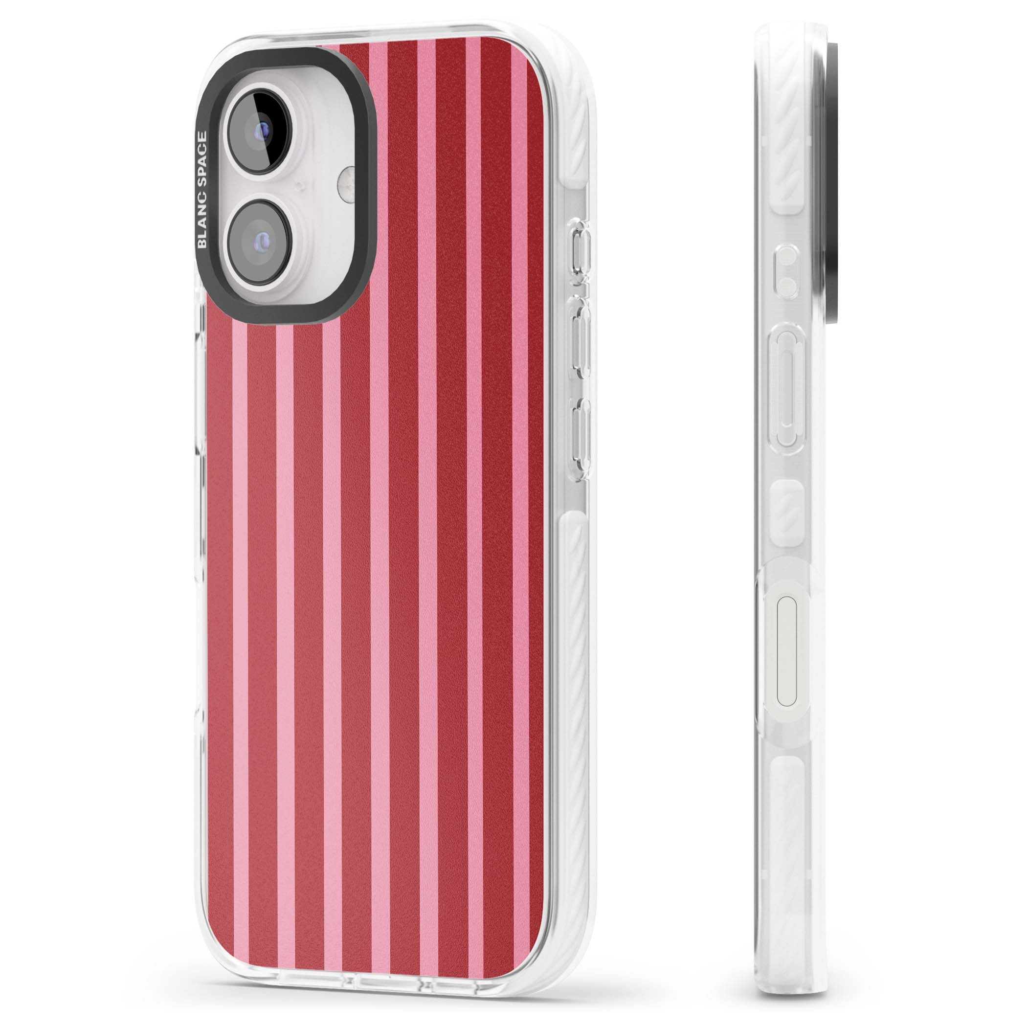 Raspberry Stripe coquette iPhone case featuring red and pink vertical stripes in a candy-inspired pattern | Clear Impact case for iPhone 16, iPhone 16 Plus
