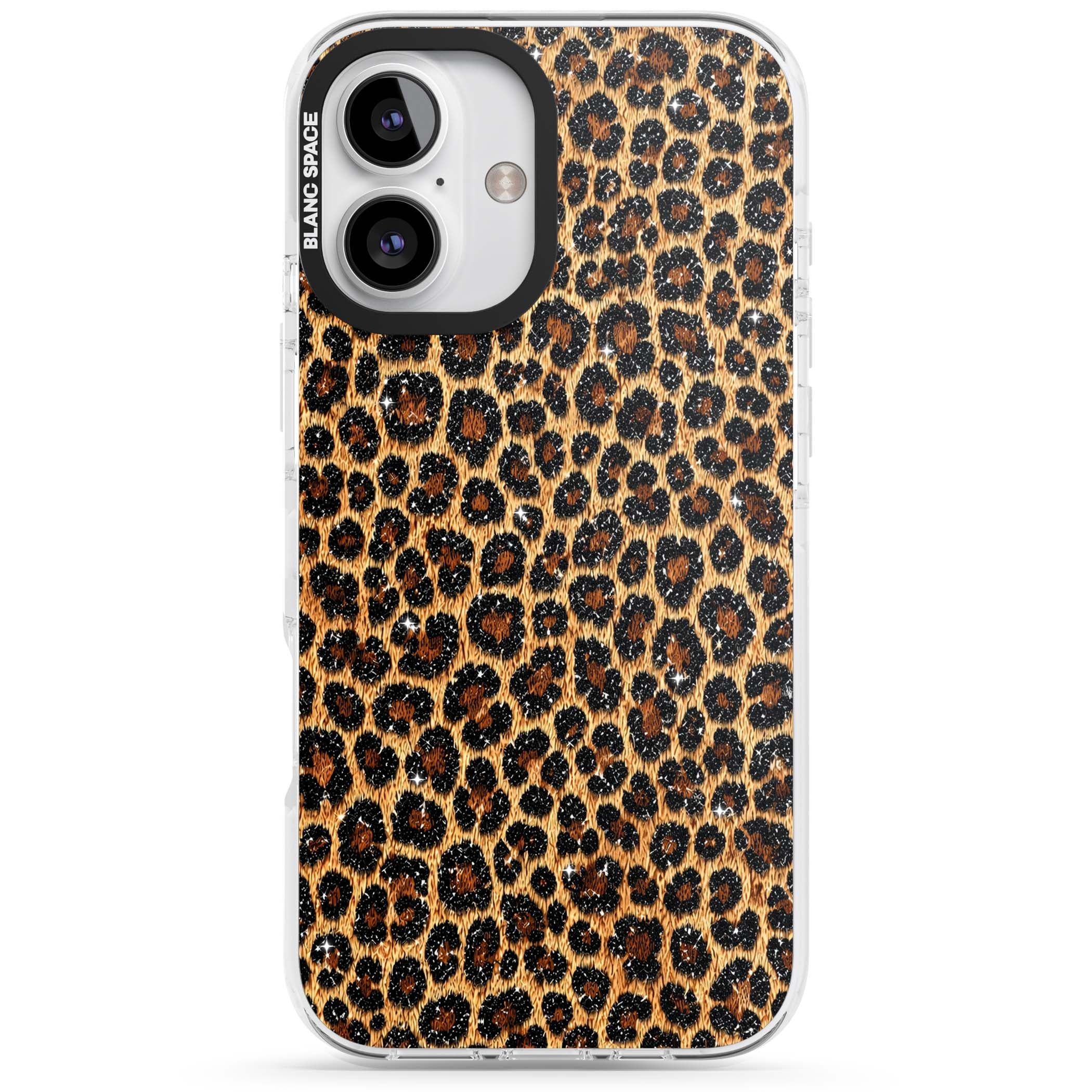Diamond Leopard leopard print iPhone case featuring golden tan fur, black rosette spots and subtle glitter sparkle | Clear Impact case for iPhone 16, iPhone 16 Plus