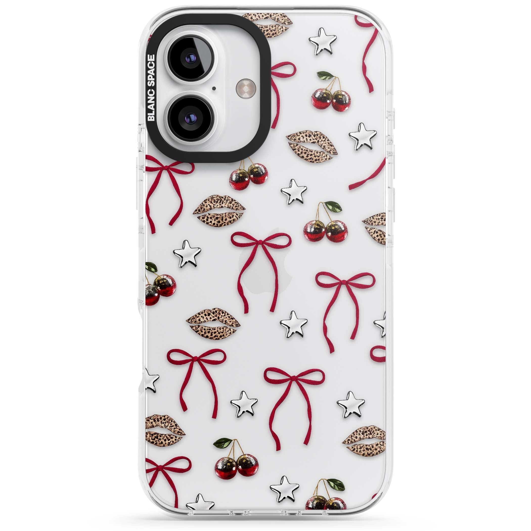 Starlet coquette iPhone case featuring red ribbon bows, disco cherries and leopard-print lips | Clear Impact case for iPhone 16, iPhone 16 Plus