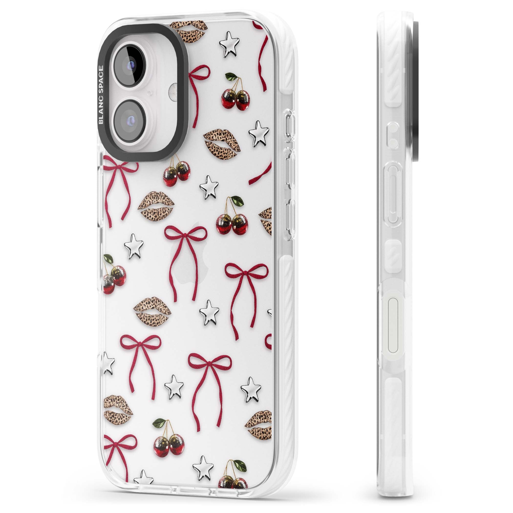 Starlet coquette iPhone case featuring red ribbon bows, disco cherries and leopard-print lips | Clear Impact case for iPhone 16, iPhone 16 Plus