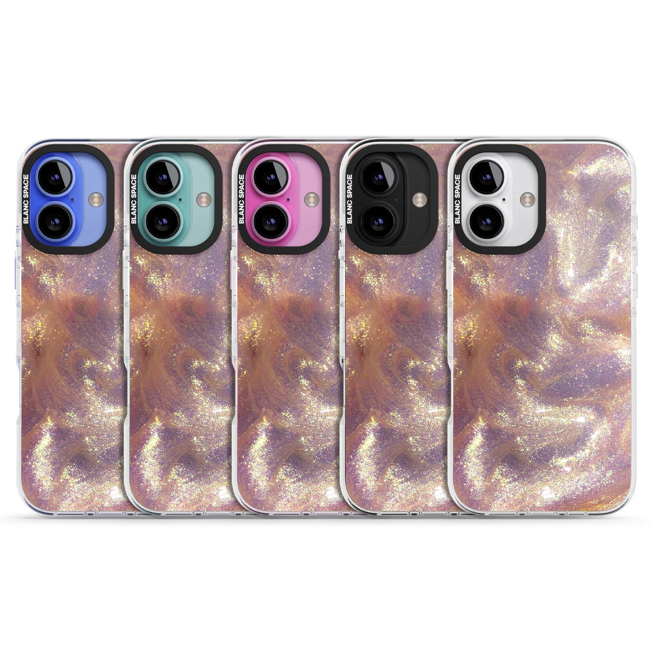 Shimmer marble iPhone case featuring rose gold glitter swirls, lilac shimmer and iridescent pearl finish | Clear Impact case for iPhone 16, iPhone 16 Plus