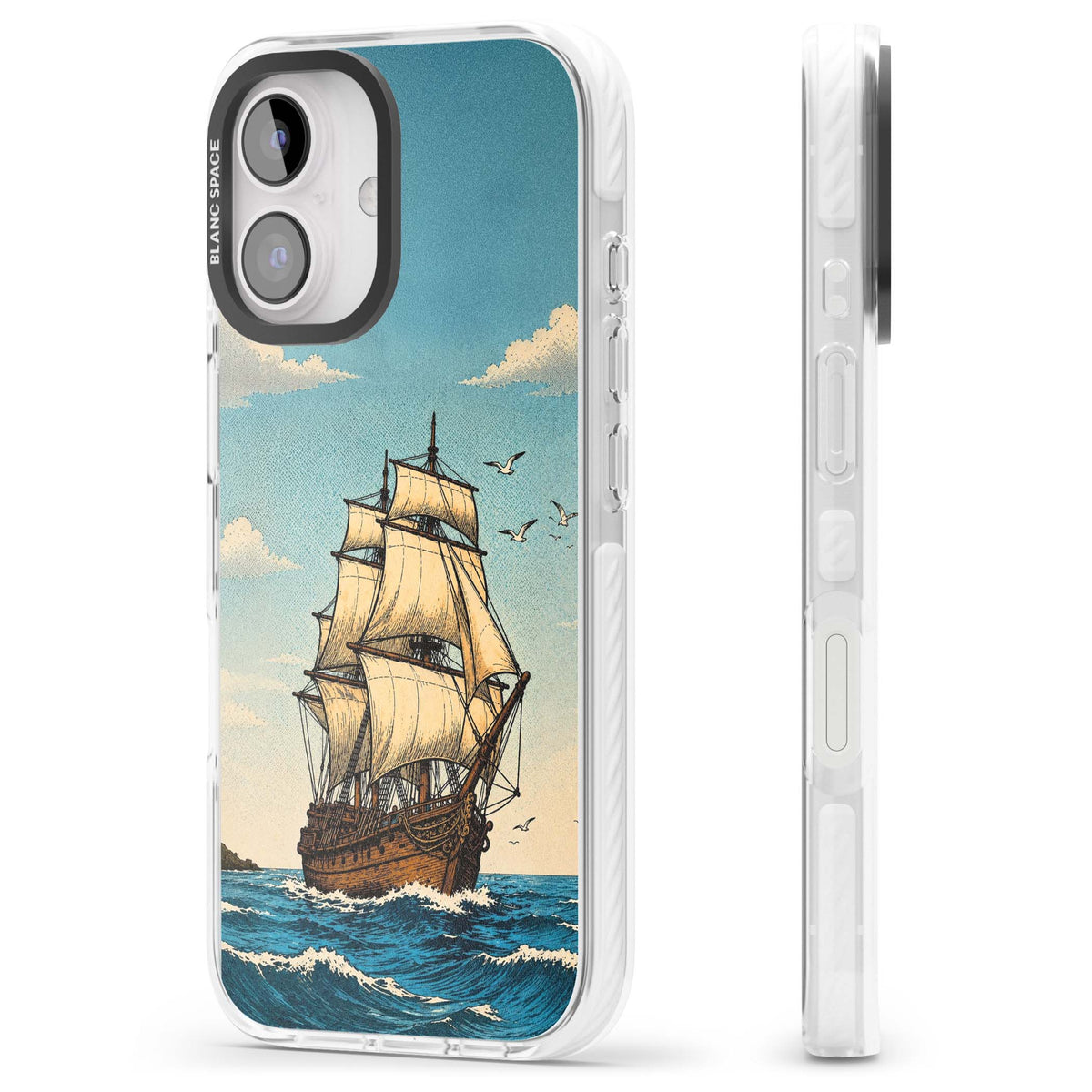 Ship at Sea nautical iPhone case featuring a vintage tall ship, ocean waves and seagulls | Clear Impact case for iPhone 16, iPhone 16 Plus