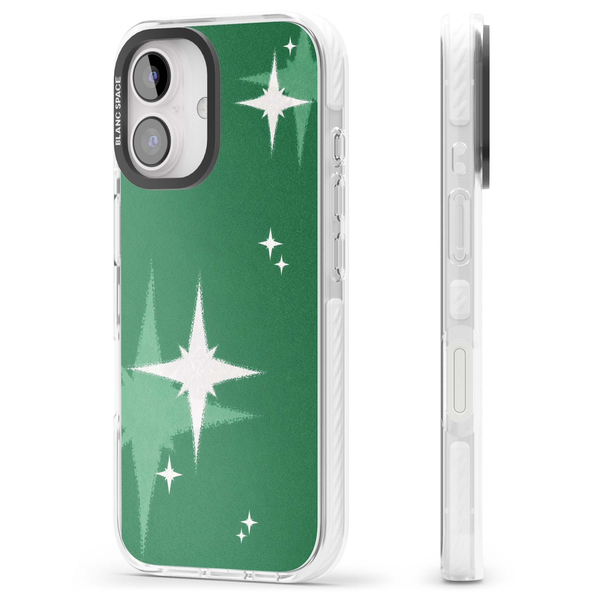 Green Sparkle celestial iPhone case featuring sparkling white four-point stars on a deep green background | Clear Impact case for iPhone 16, iPhone 16 Plus