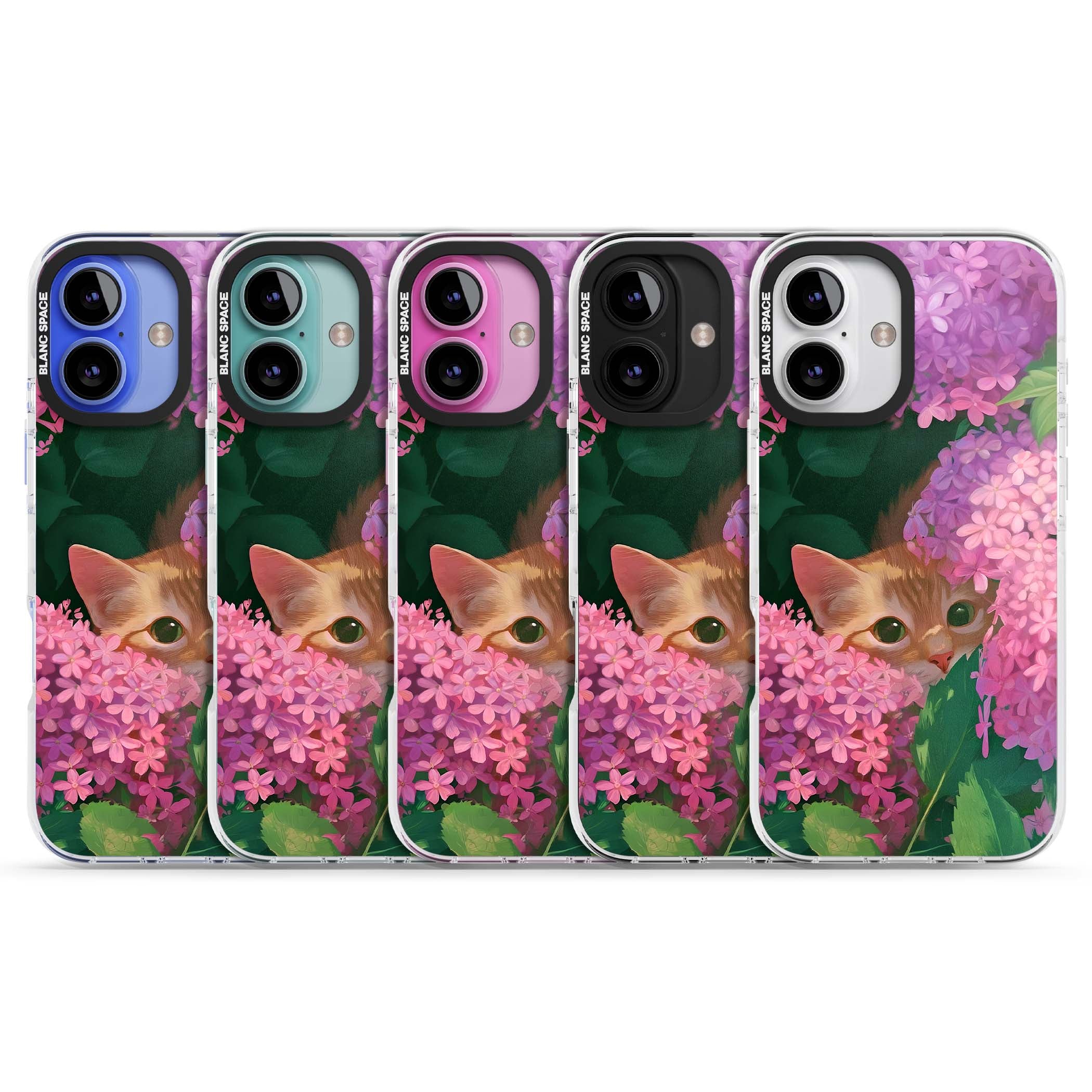 Cat In Pink Flowers cottagecore iPhone case featuring a ginger kitten peeking through lilac and pink hydrangea flo | Clear Impact case for iPhone 16, iPhone 16 Plus
