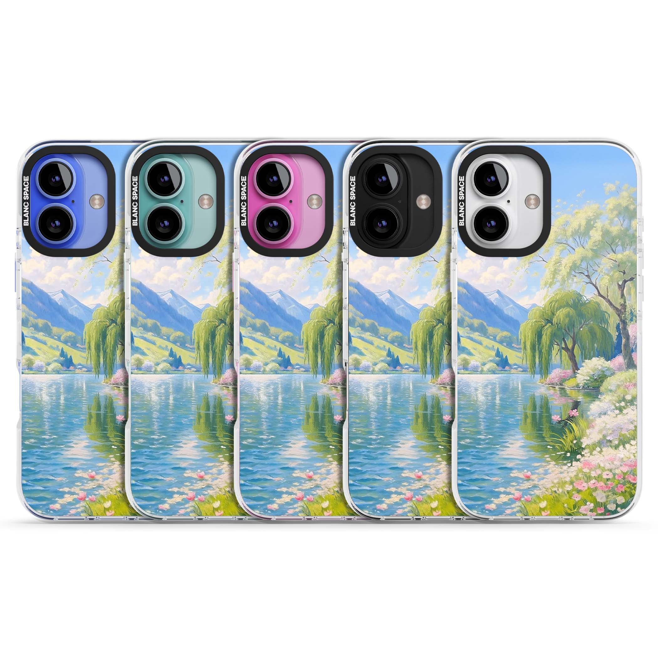 Willow Lake cottagecore iPhone case featuring a painted lakeside with weeping willow, blossoms and distant mountains | Clear Impact case for iPhone 16, iPhone 16 Plus