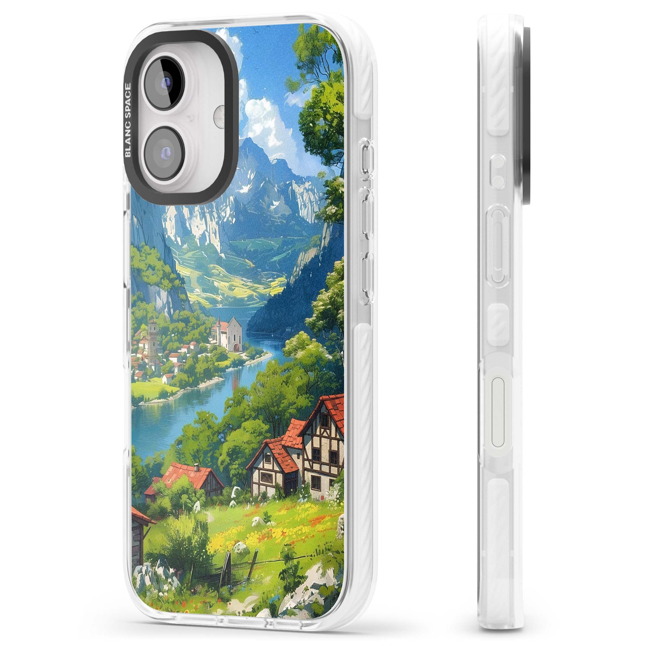 Village In The Valley anime iPhone case featuring a painted mountain village, river valley and half-timbered cottages. | Clear Impact case for iPhone 16, iPhone 16 Plus