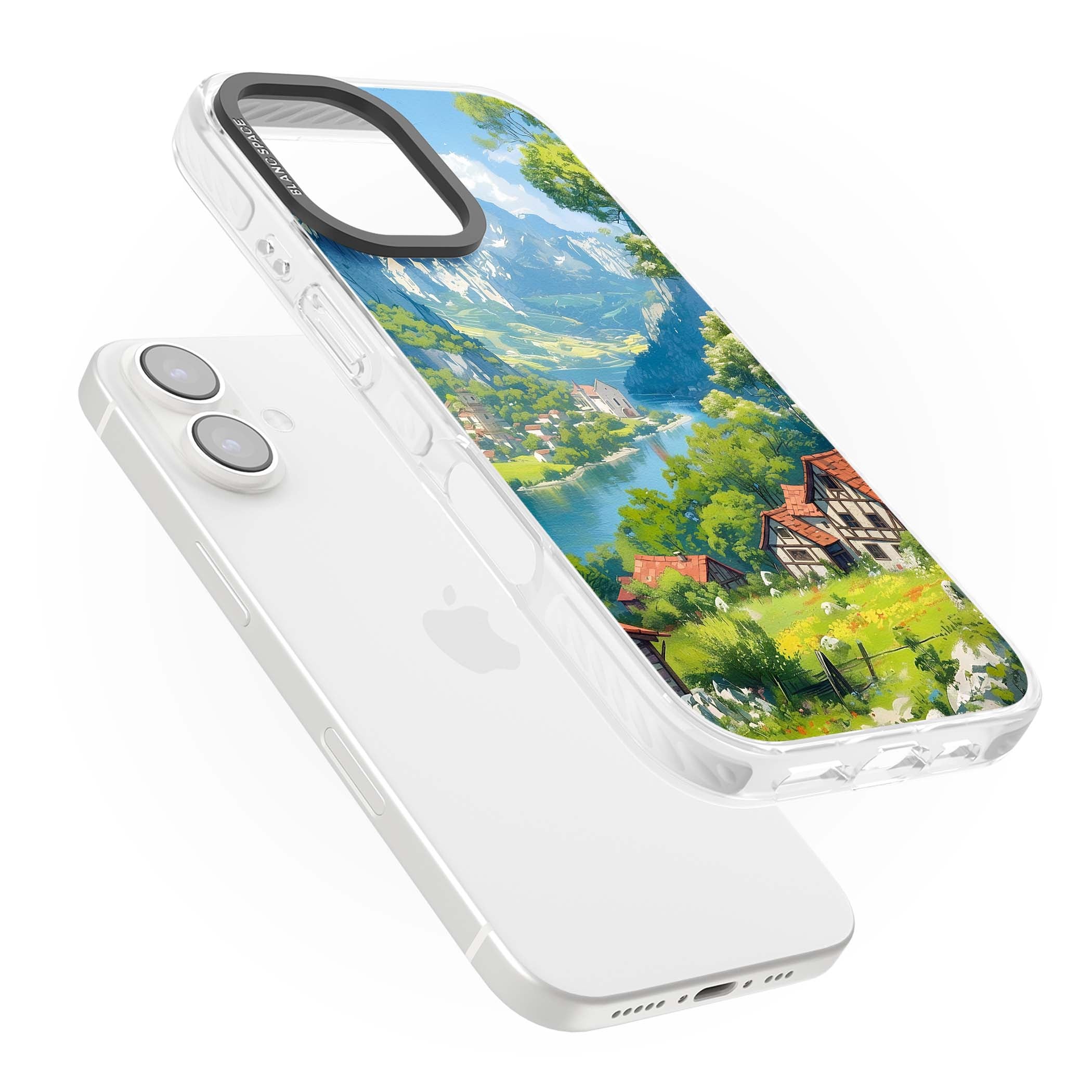 Village In The Valley anime iPhone case featuring a painted mountain village, river valley and half-timbered cottages. | Clear Impact case for iPhone 16, iPhone 16 Plus
