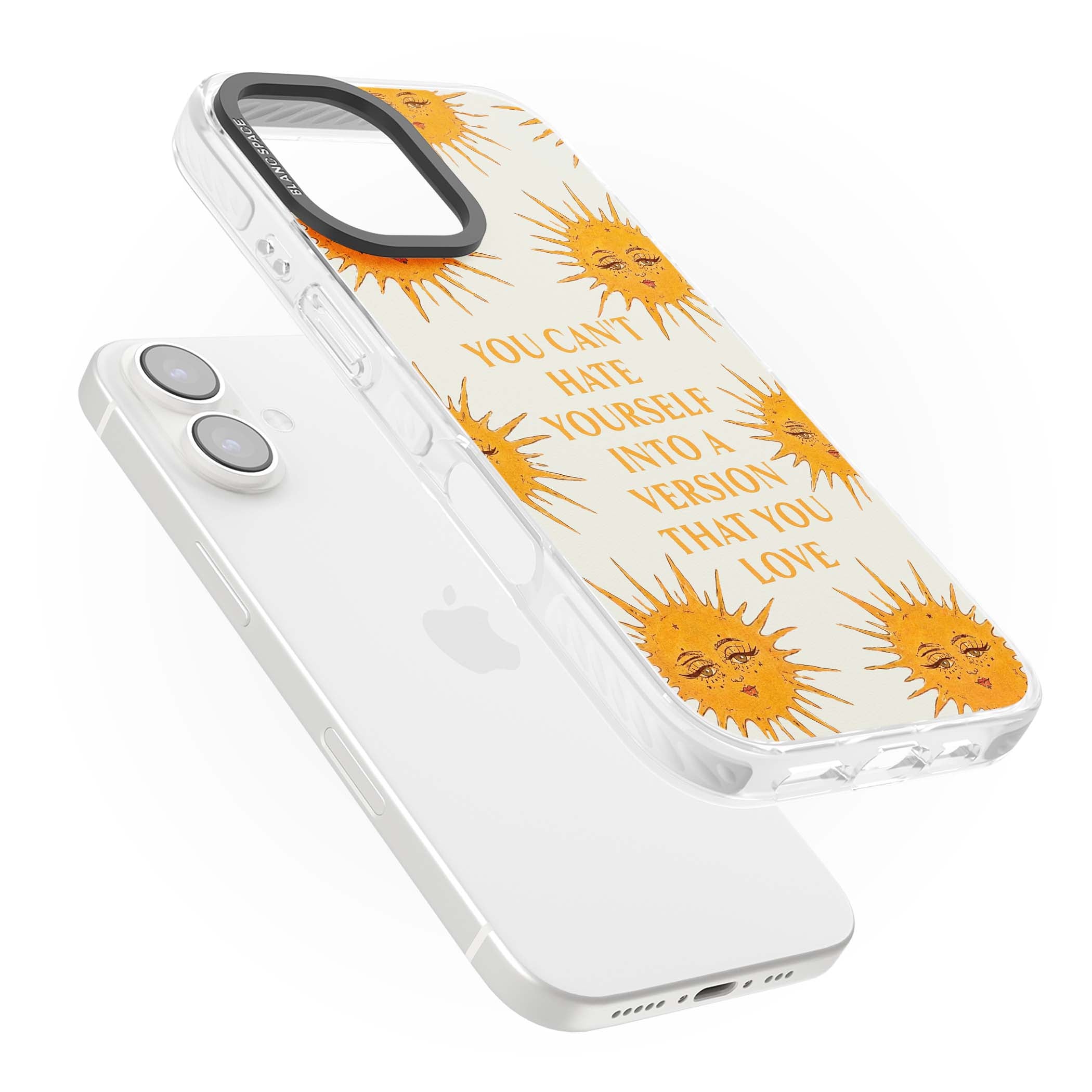 Don't Hate Yourself celestial iPhone case featuring vintage sun faces, ochre rays and a self-love quote | Clear Impact case for iPhone 16, iPhone 16 Plus