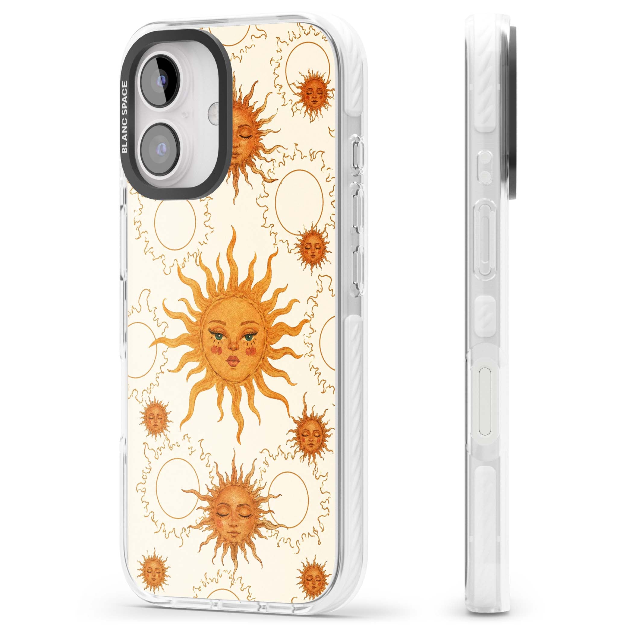 Solstice Muse celestial iPhone case featuring hand-painted golden sun faces, closed-eye sun goddesses and outlined moons... | Clear Impact case for iPhone 16, iPhone 16 Plus