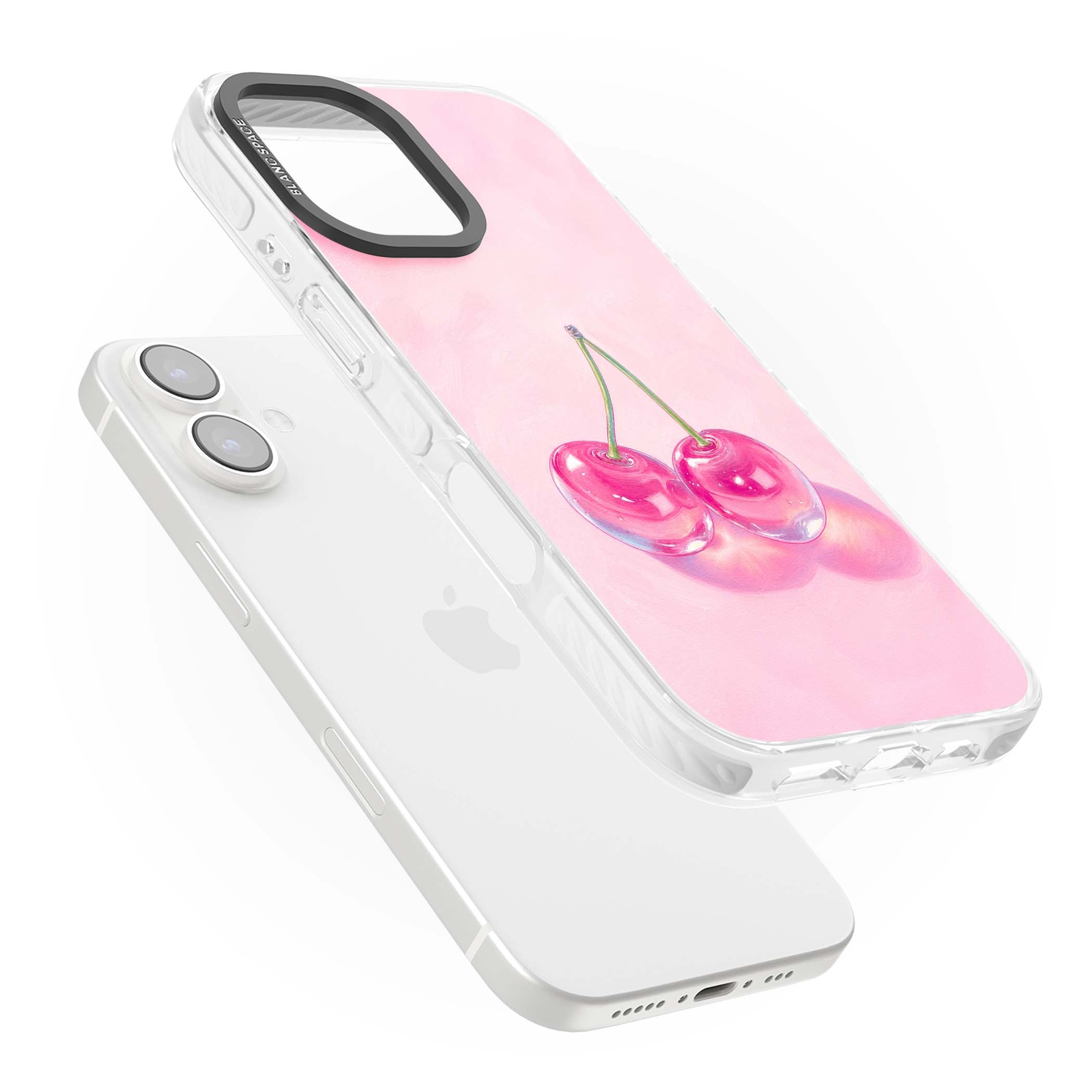 Pink Glass Cherry coquette iPhone case featuring two glossy painted cherries on a soft pink background | Clear Impact case for iPhone 16, iPhone 16 Plus