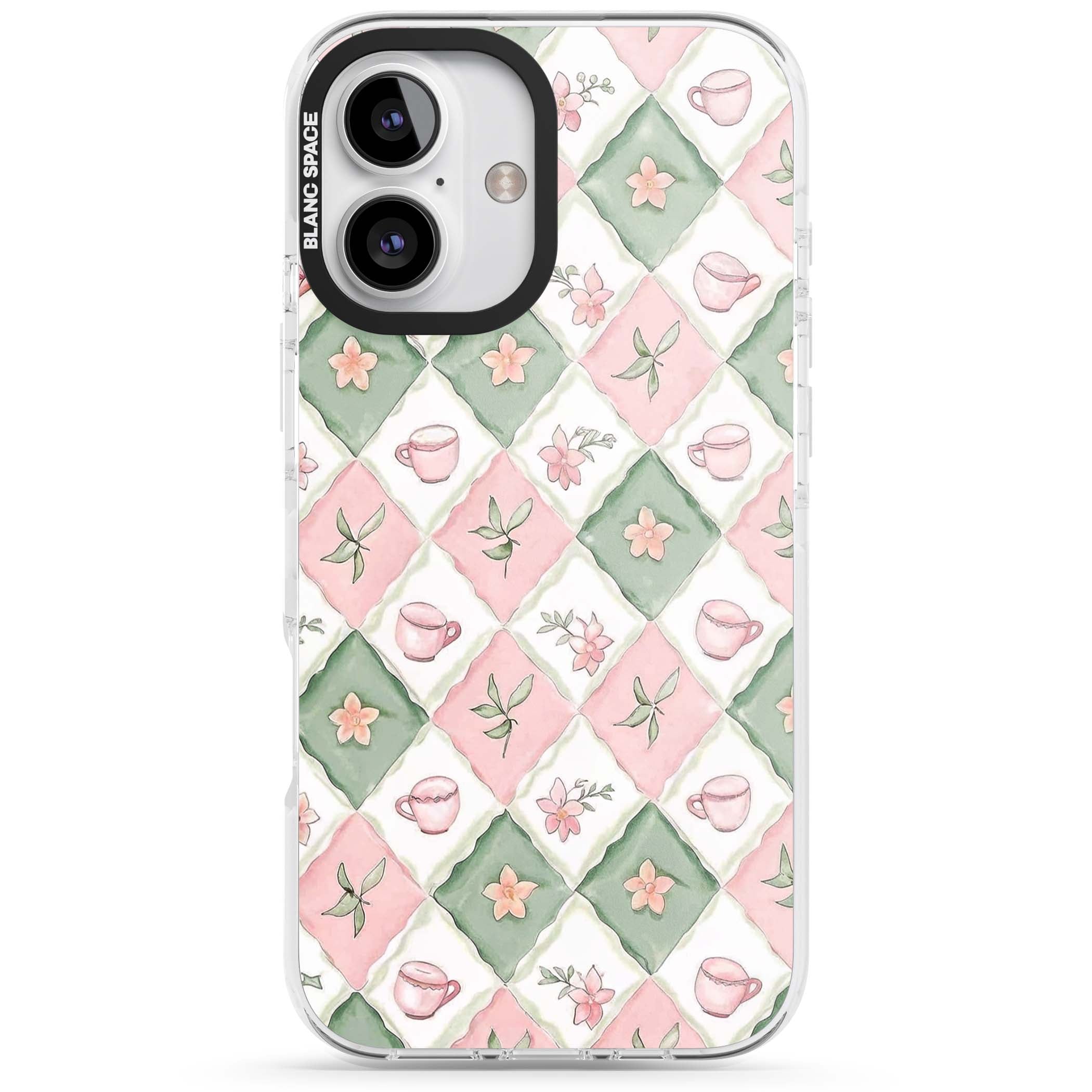 Garden Tea Party coquette iPhone case with pink and green checkered pattern, watercolour teacups and wildflowers | Clear Impact case for iPhone 16, iPhone 16 Plus