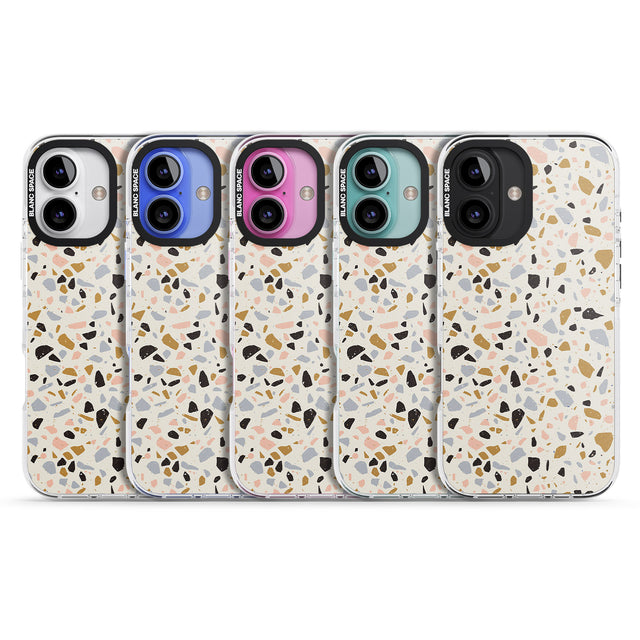 iPhone 16 Pro Max Pale Pink, Blue, & Mocha Terrazzo Pattern Black Impact Phone Case