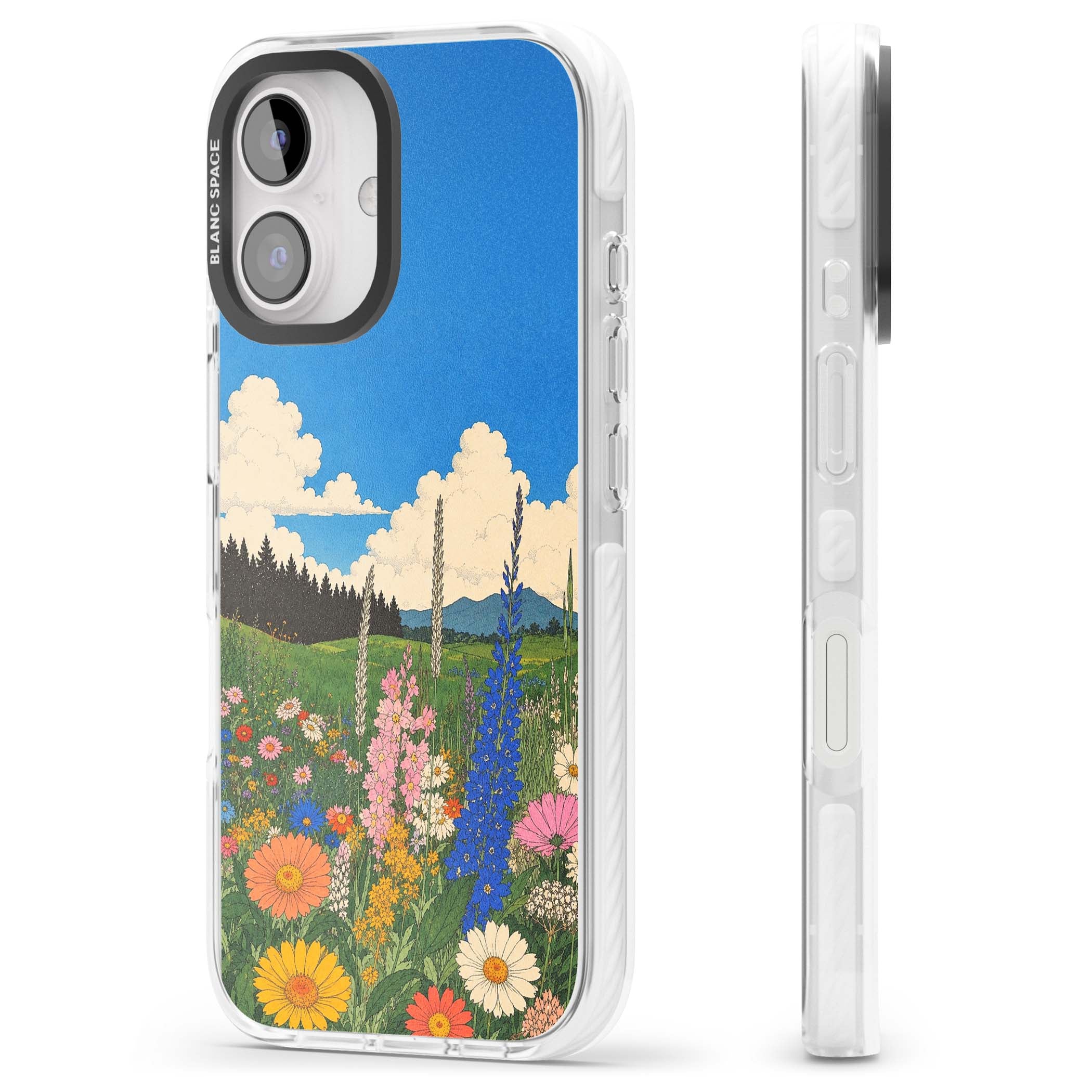 Wildbloom wildflower iPhone case featuring a vintage Japanese-style meadow landscape with daisies, delphiniums and moun | Clear Impact case for iPhone 16, iPhone 16 Plus