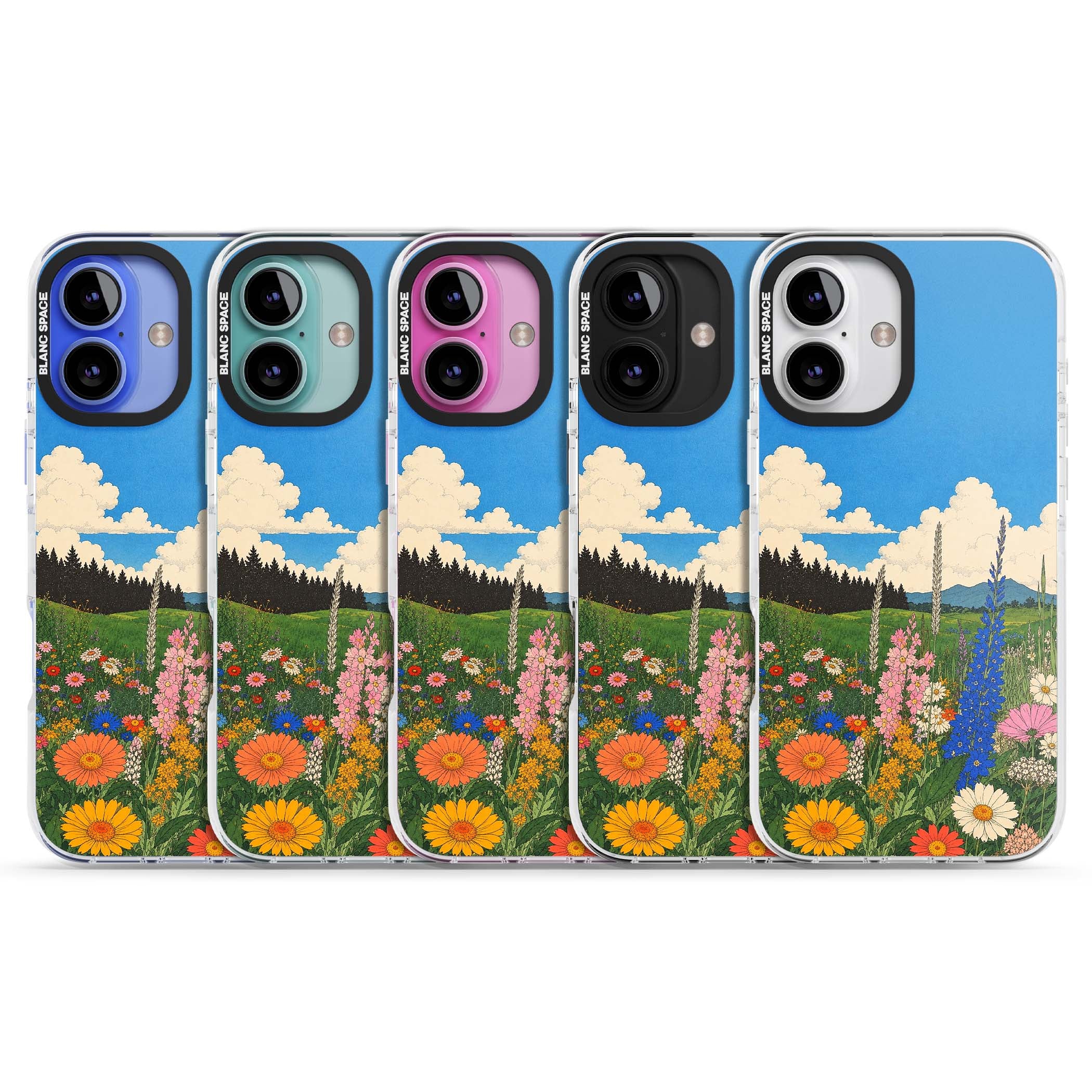Wildbloom wildflower iPhone case featuring a vintage Japanese-style meadow landscape with daisies, delphiniums and moun | Clear Impact case for iPhone 16, iPhone 16 Plus