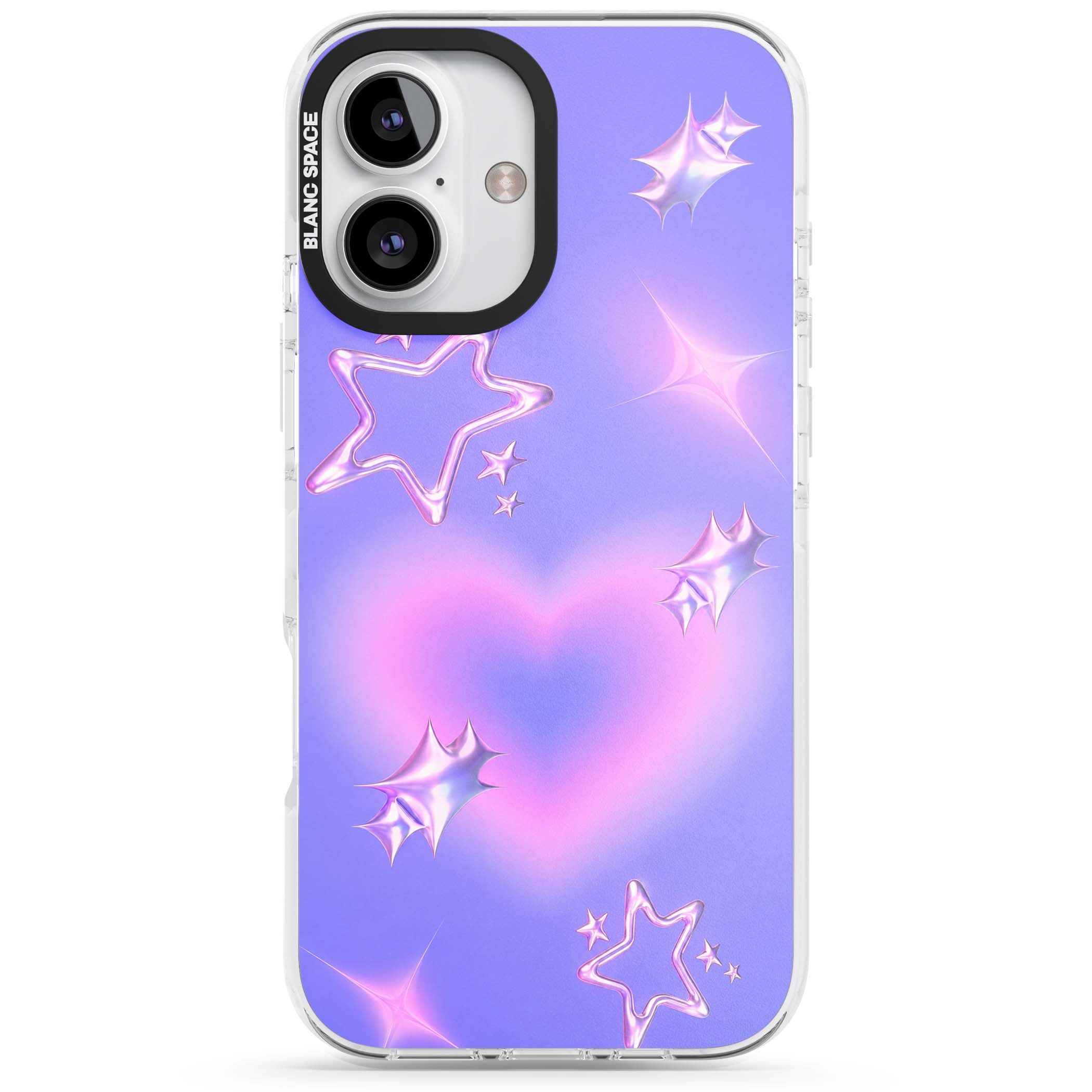 Soft Sugar Y2K iPhone case featuring iridescent chrome hearts, metallic pink stars and a lavender gradient sky | Clear Impact case for iPhone 16, iPhone 16 Plus