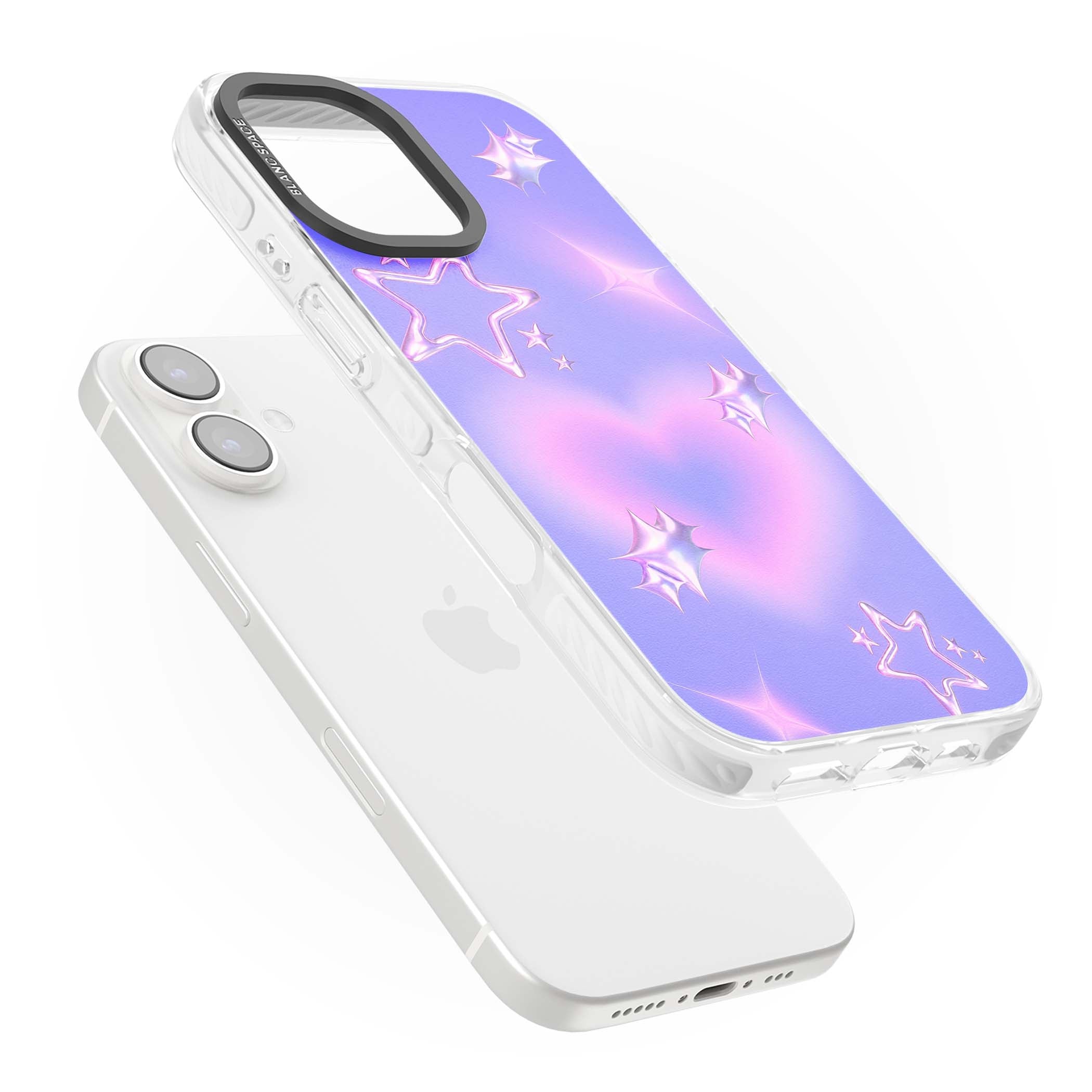 Soft Sugar Y2K iPhone case featuring iridescent chrome hearts, metallic pink stars and a lavender gradient sky | Clear Impact case for iPhone 16, iPhone 16 Plus