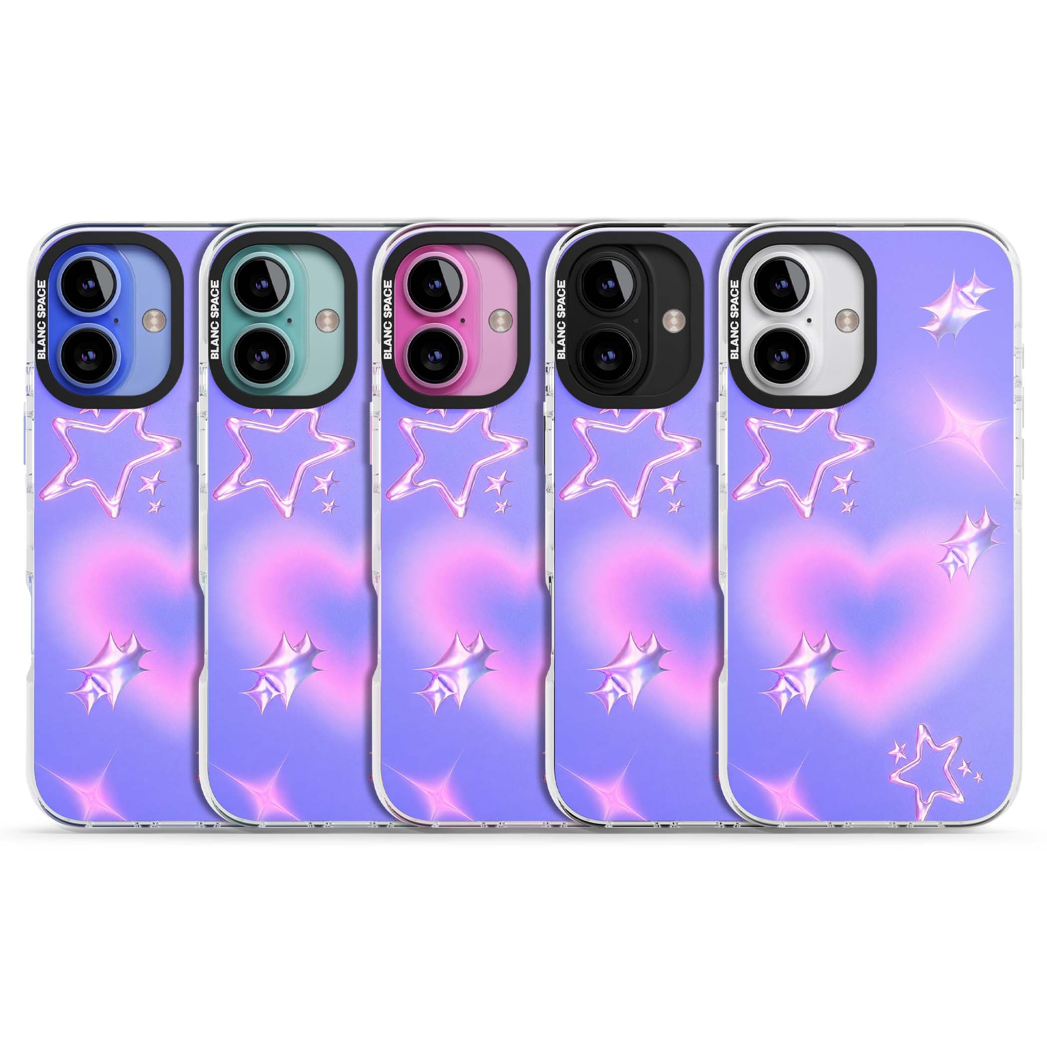 Soft Sugar Y2K iPhone case featuring iridescent chrome hearts, metallic pink stars and a lavender gradient sky | Clear Impact case for iPhone 16, iPhone 16 Plus