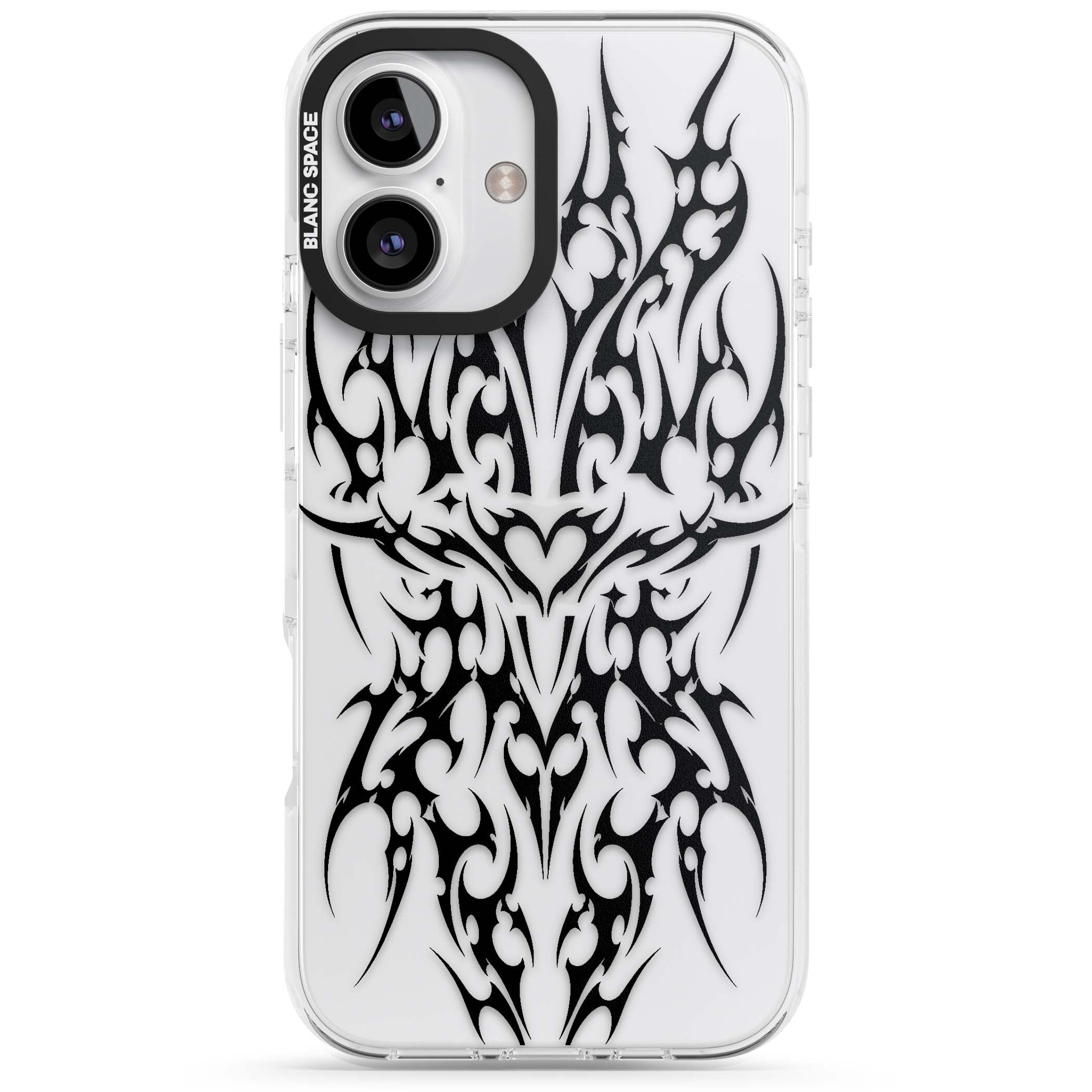 Neo Tribal Heart gothic iPhone case featuring symmetrical black tribal tattoo art with sharp thorn-like linework | Clear Impact case for iPhone 16, iPhone 16 Plus