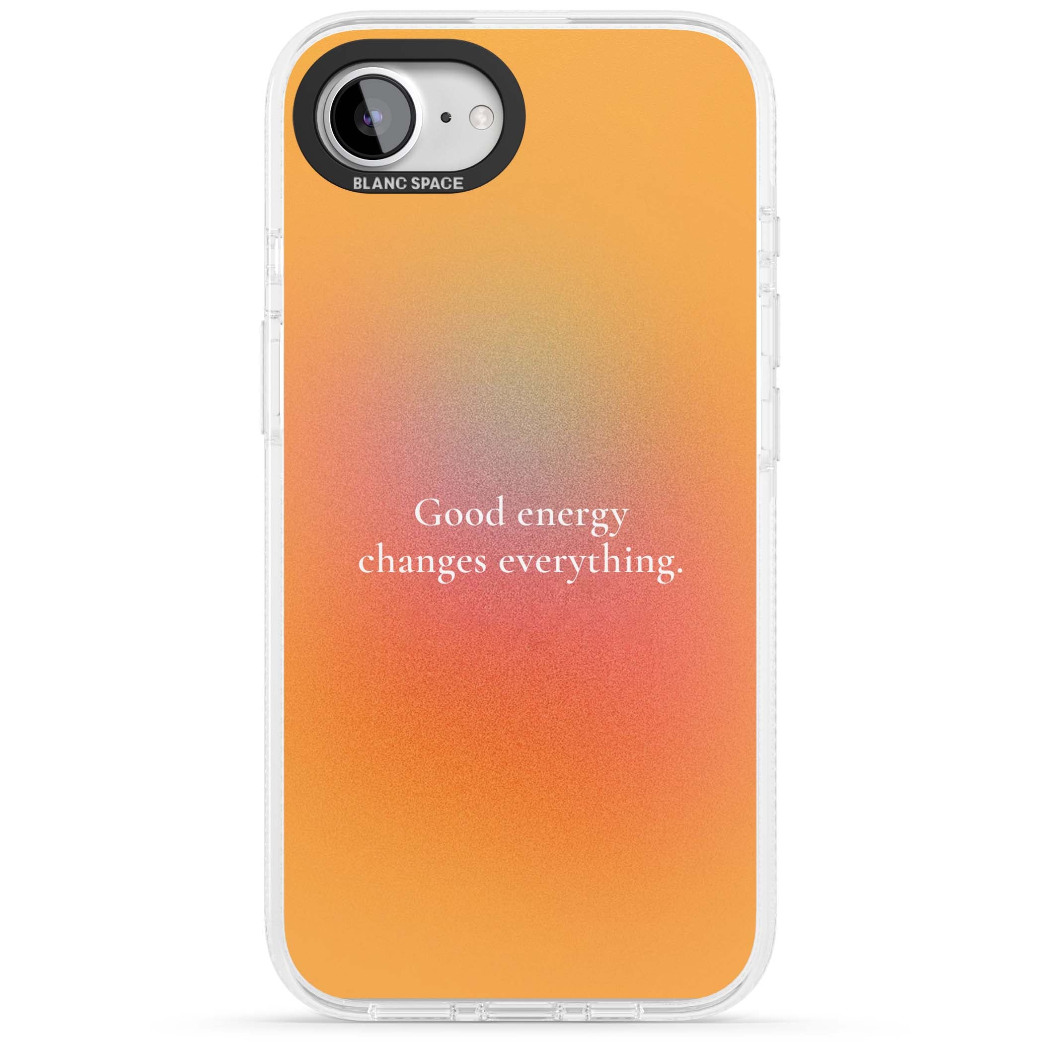 Good Energy quote iPhone case featuring an orange and pink aura gradient with white serif affirmation text | Clear Case Impact Air case for iPhone 16e, iPhone 17e