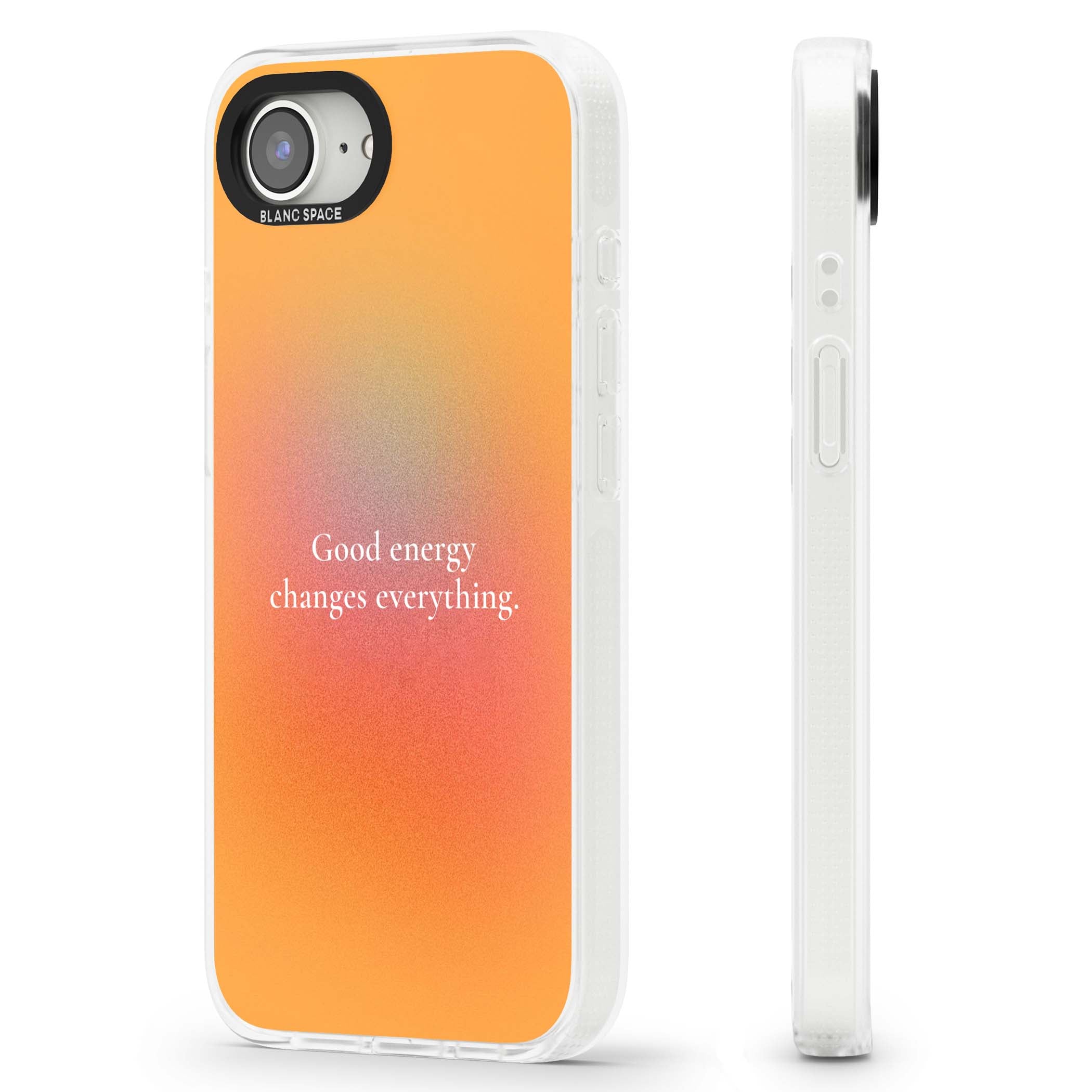 Good Energy quote iPhone case featuring an orange and pink aura gradient with white serif affirmation text | Clear Case Impact Air case for iPhone 16e, iPhone 17e
