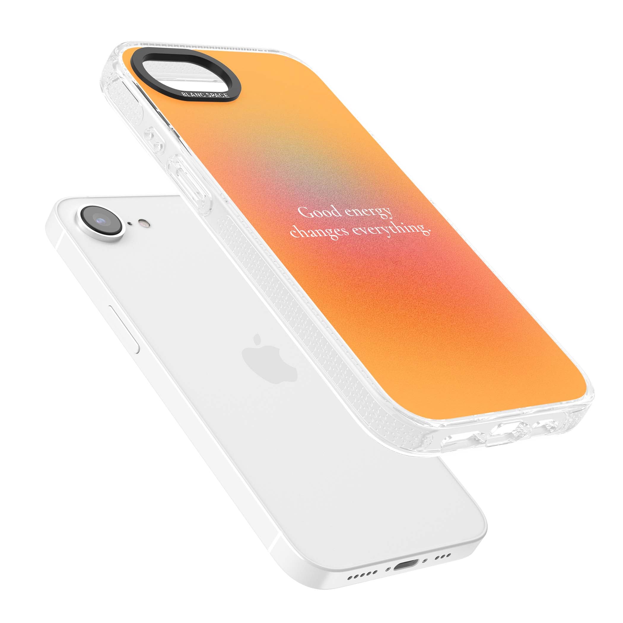 Good Energy quote iPhone case featuring an orange and pink aura gradient with white serif affirmation text | Clear Case Impact Air case for iPhone 16e, iPhone 17e