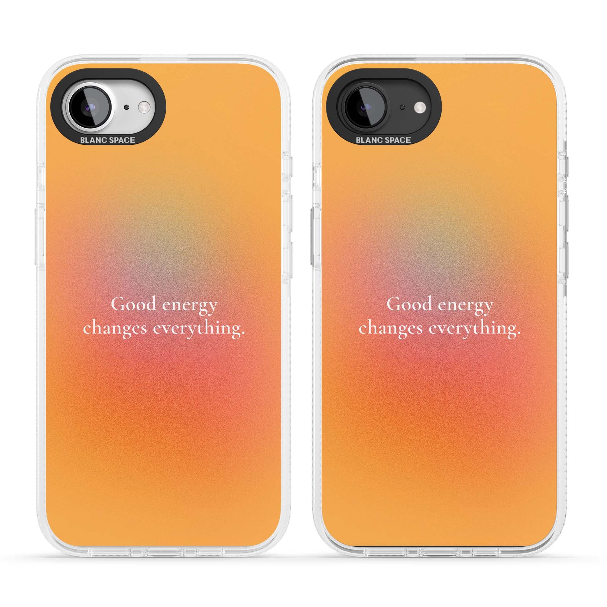 Good Energy quote iPhone case featuring an orange and pink aura gradient with white serif affirmation text | Clear Case Impact Air case for iPhone 16e, iPhone 17e