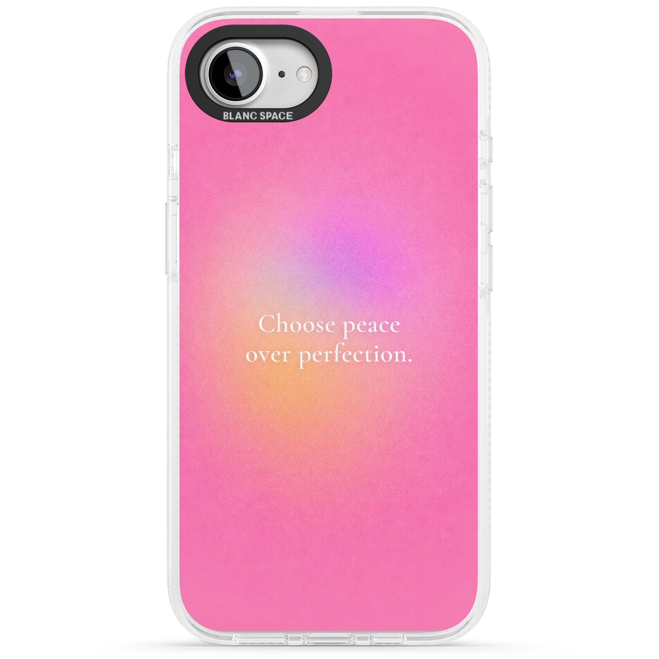 Peace Over Perfection quote iPhone case featuring a dreamy pink aura gradient and delicate white affirmation text | Clear Case Impact Air case for iPhone 16e, iPhone 17e