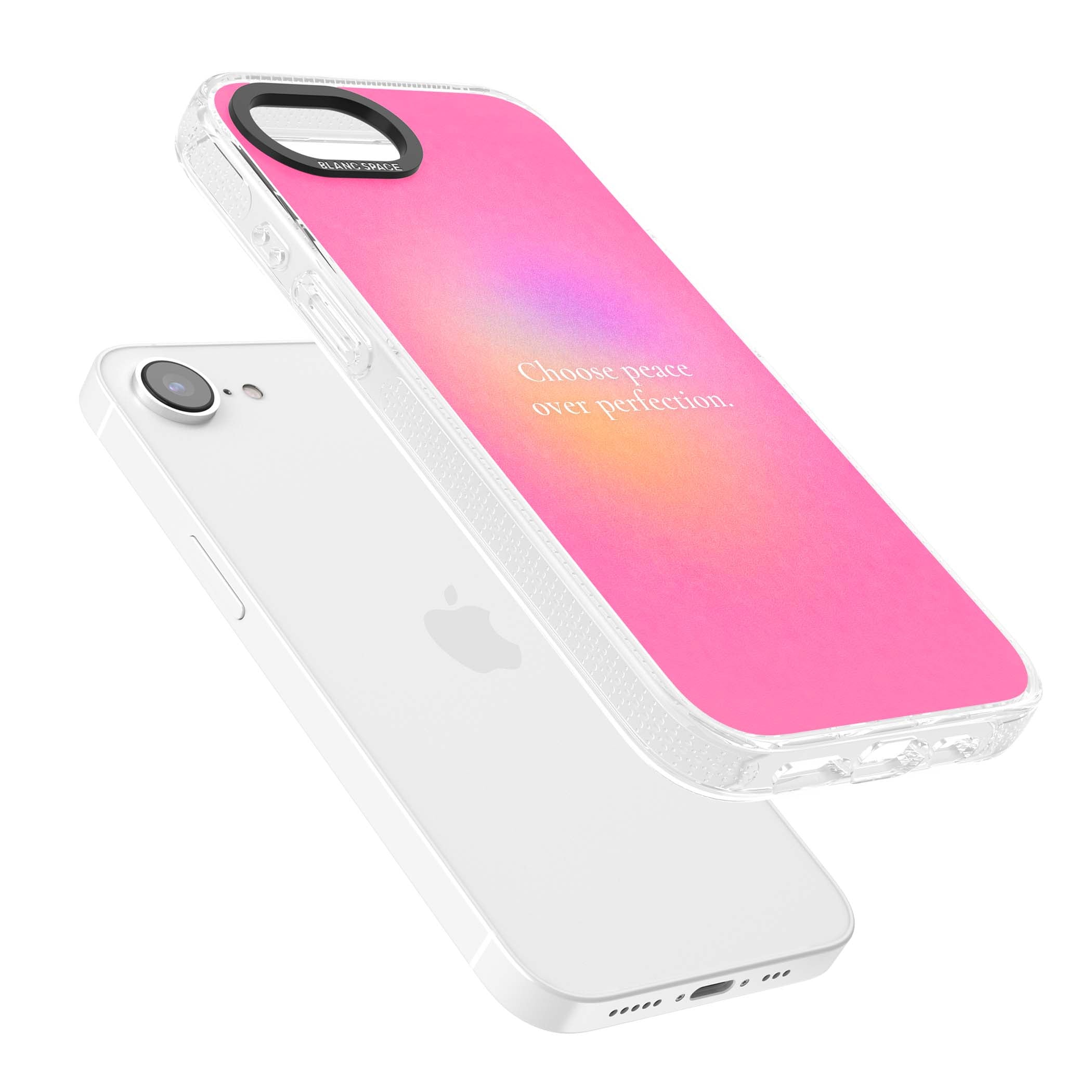 Peace Over Perfection quote iPhone case featuring a dreamy pink aura gradient and delicate white affirmation text | Clear Case Impact Air case for iPhone 16e, iPhone 17e